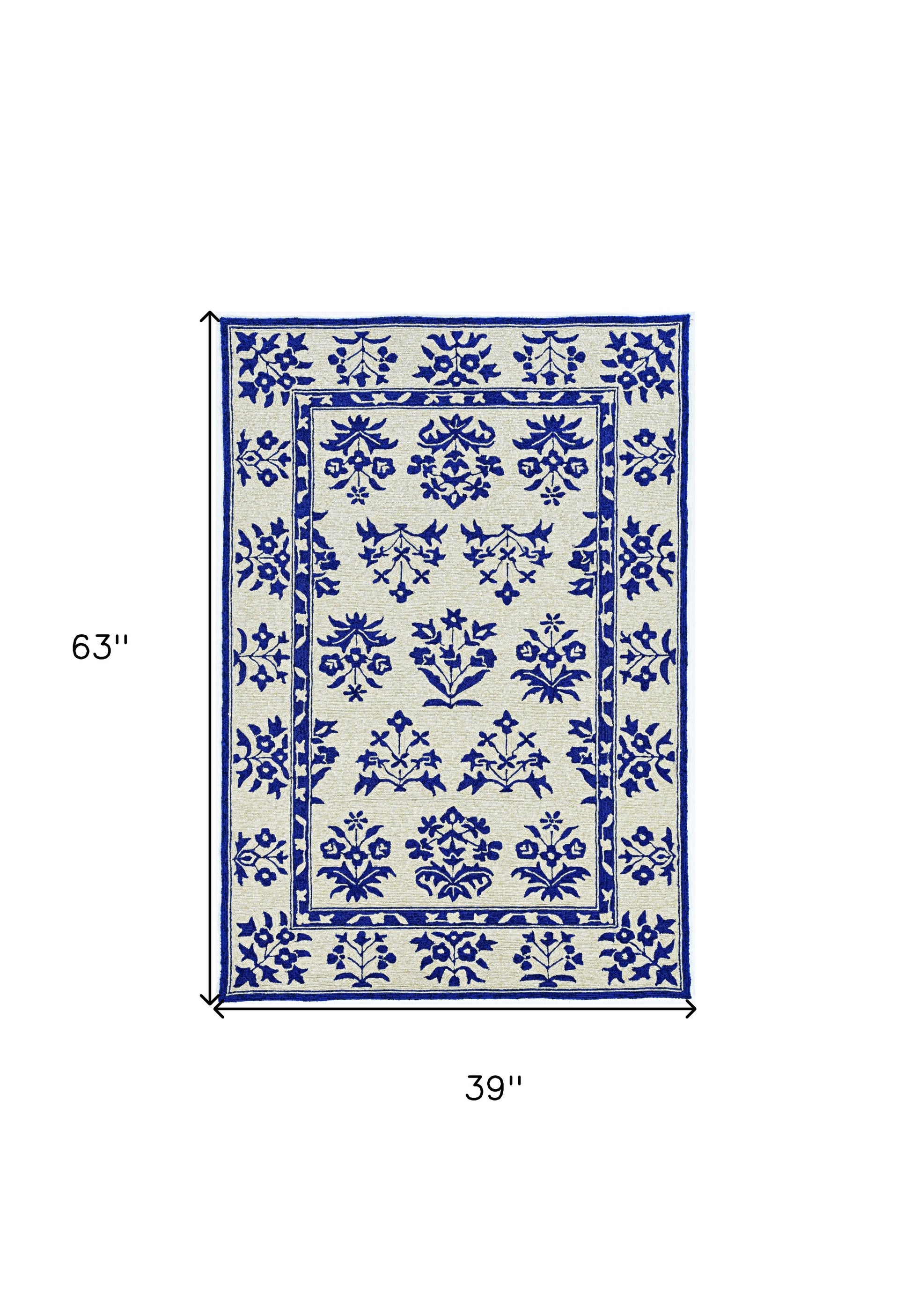 3' X 5' Blue Floral Indoor Outdoor Area Rug-Outdoor Rugs-DECOROLALA
