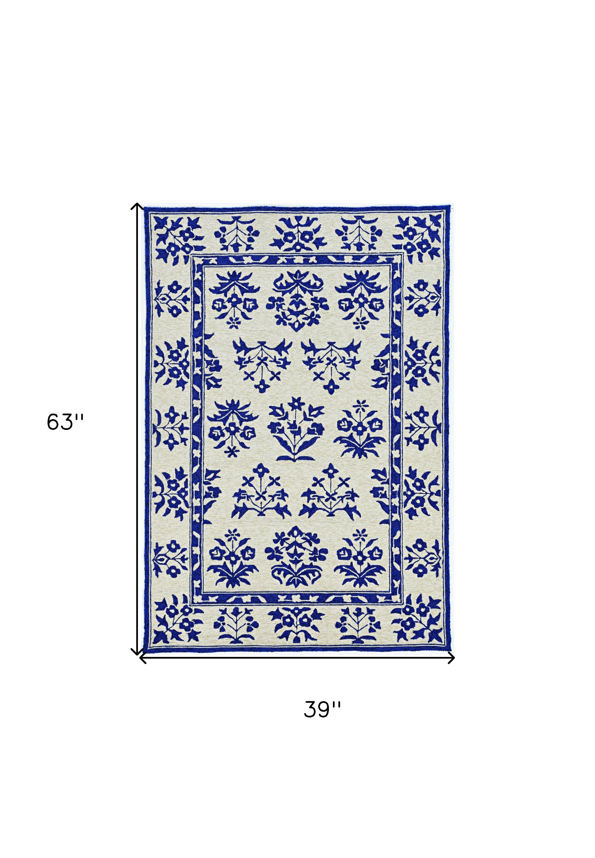 3' X 5' Blue Floral Indoor Outdoor Area Rug-Outdoor Rugs-DECOROLALA