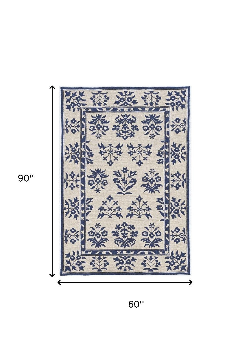 3' X 5' Blue Floral Indoor Outdoor Area Rug-Outdoor Rugs-DECOROLALA