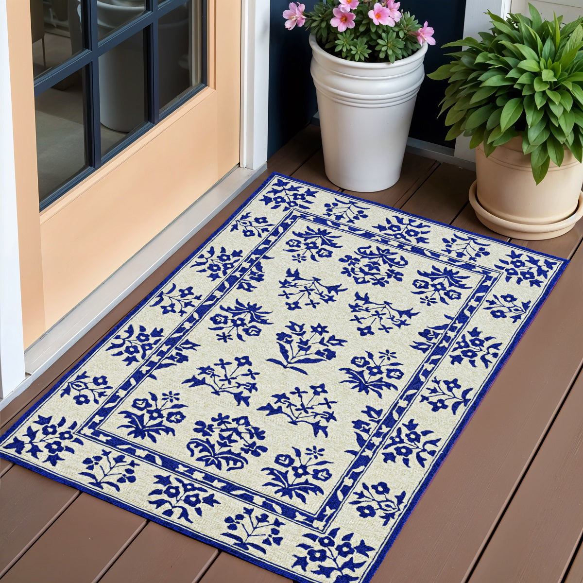 3' X 5' Blue Floral Indoor Outdoor Area Rug-Outdoor Rugs-DECOROLALA