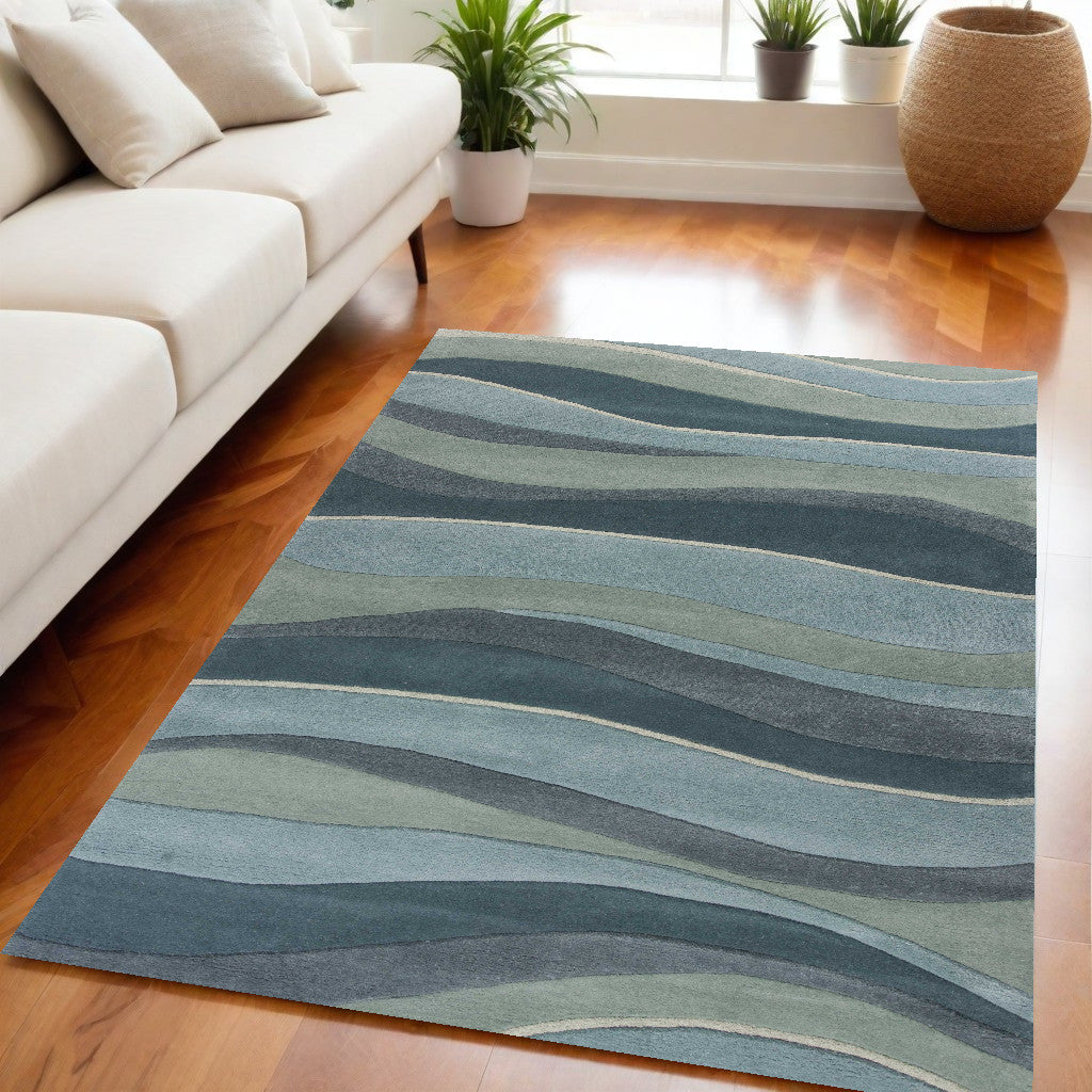 3' X 5' Blue Gray And Ivory Wool Abstract Hand Tufted Area Rug-Area Rugs-DECOROLALA