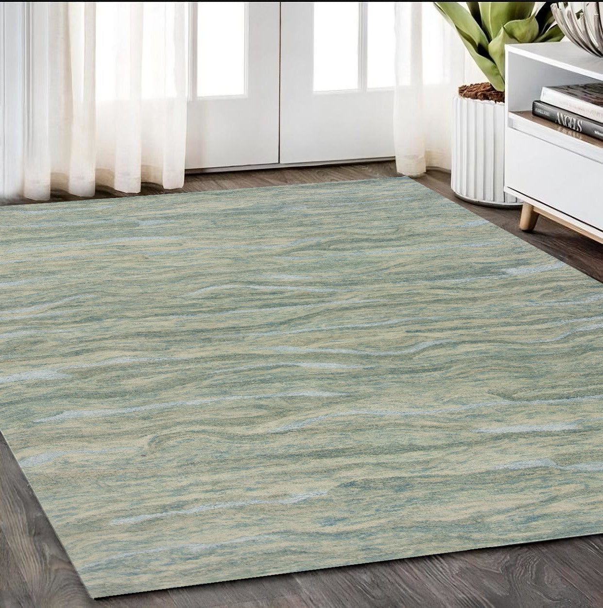 3' X 5' Blue Green And Beige Abstract Hand Tufted Area Rug-Area Rugs-DECOROLALA
