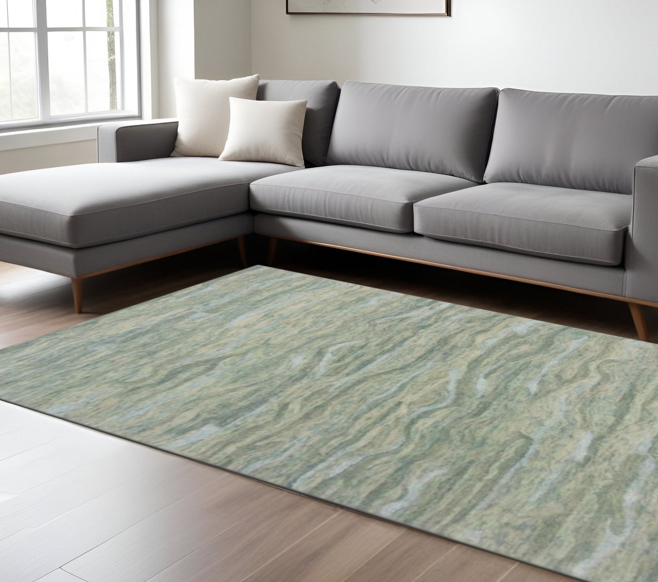 3' X 5' Blue Green And Beige Abstract Hand Tufted Area Rug-Area Rugs-DECOROLALA