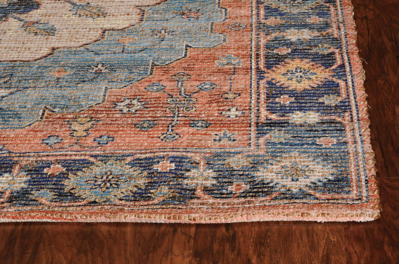 3' X 5' Blue Orange And Black Jute Medallion Hand Woven Area Rug-Area Rugs-DECOROLALA