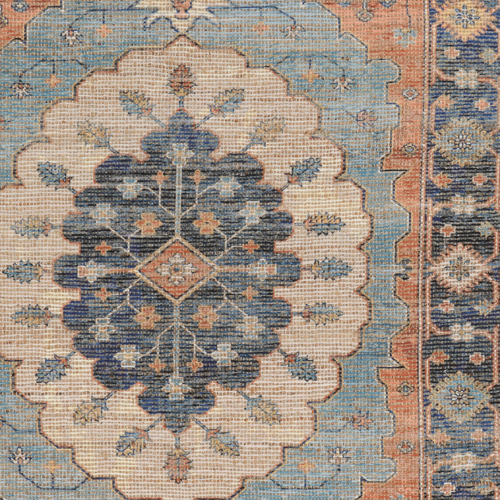 3' X 5' Blue Orange And Black Jute Medallion Hand Woven Area Rug-Area Rugs-DECOROLALA