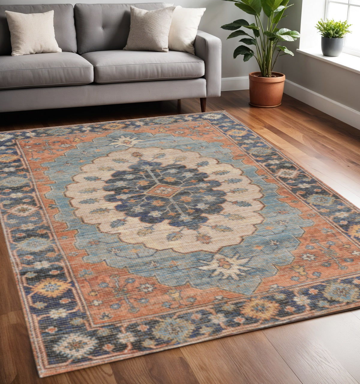 3' X 5' Blue Orange And Black Jute Medallion Hand Woven Area Rug-Area Rugs-DECOROLALA