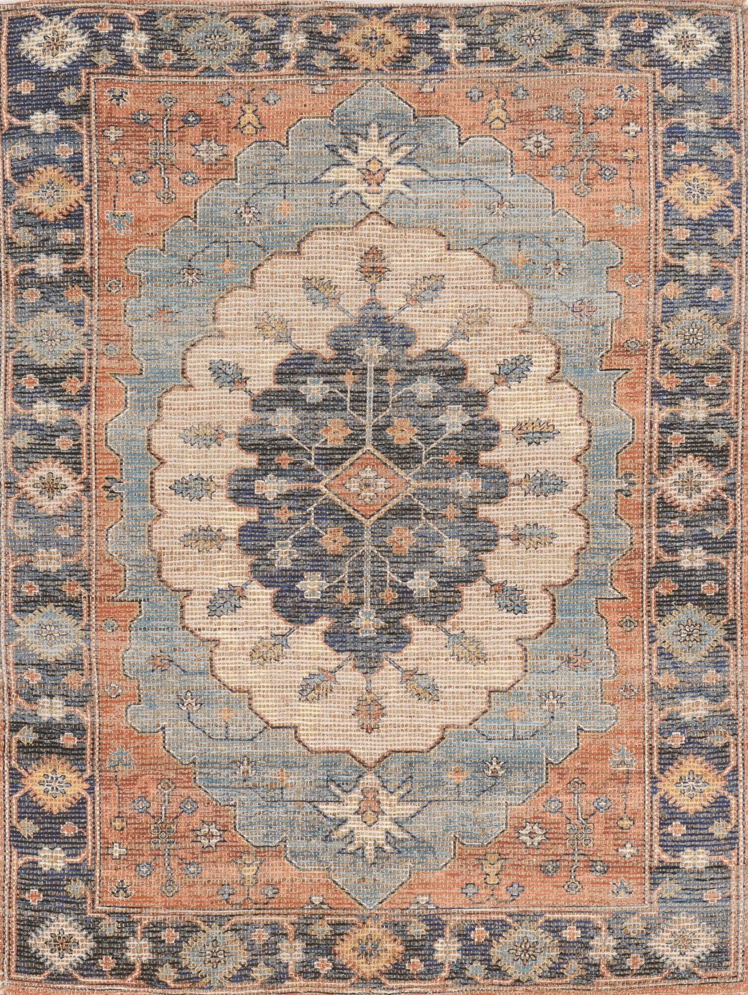 3' X 5' Blue Orange And Black Jute Medallion Hand Woven Area Rug-Area Rugs-DECOROLALA