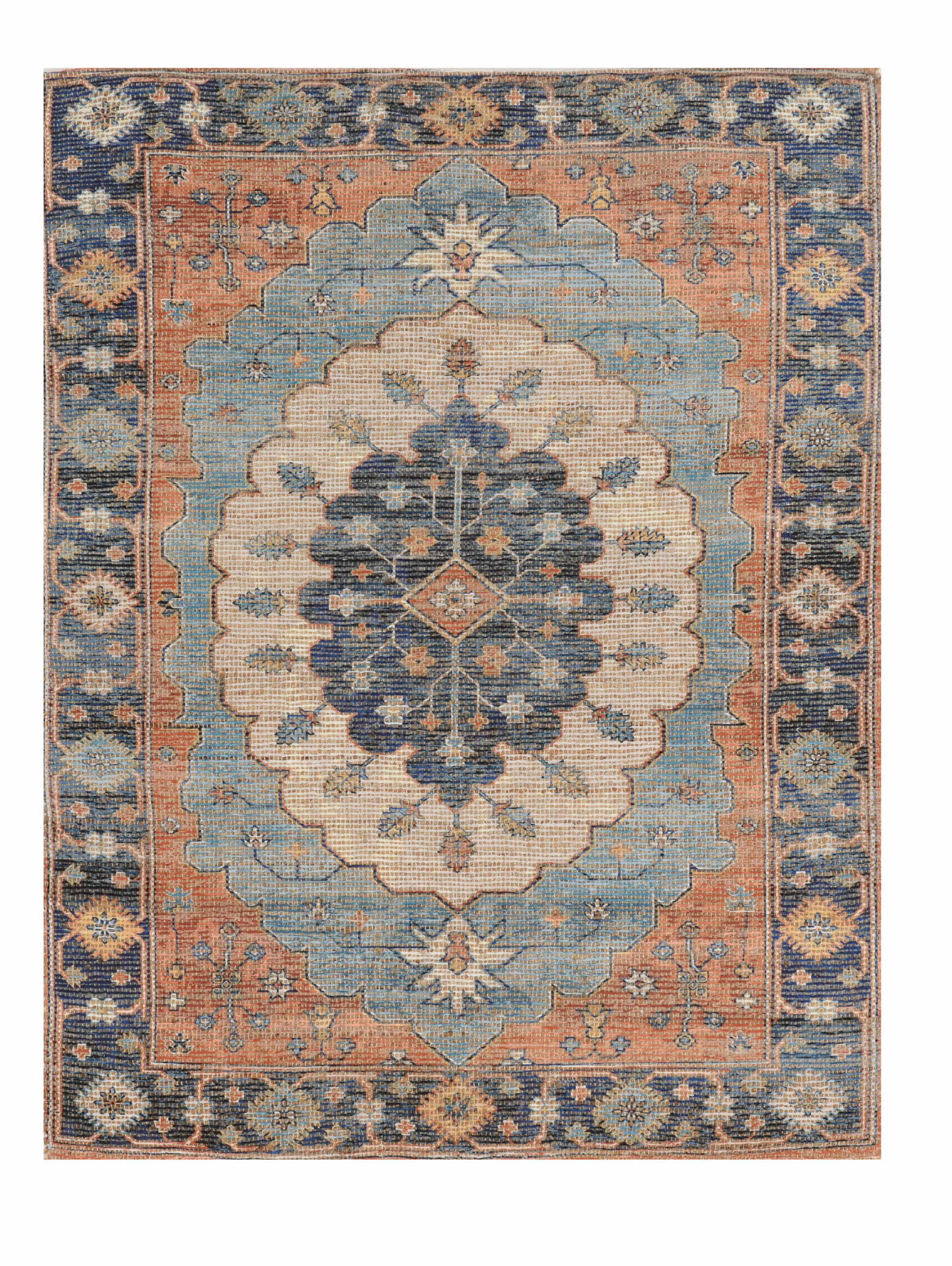 3' X 5' Blue Orange And Black Jute Medallion Hand Woven Area Rug-Area Rugs-DECOROLALA