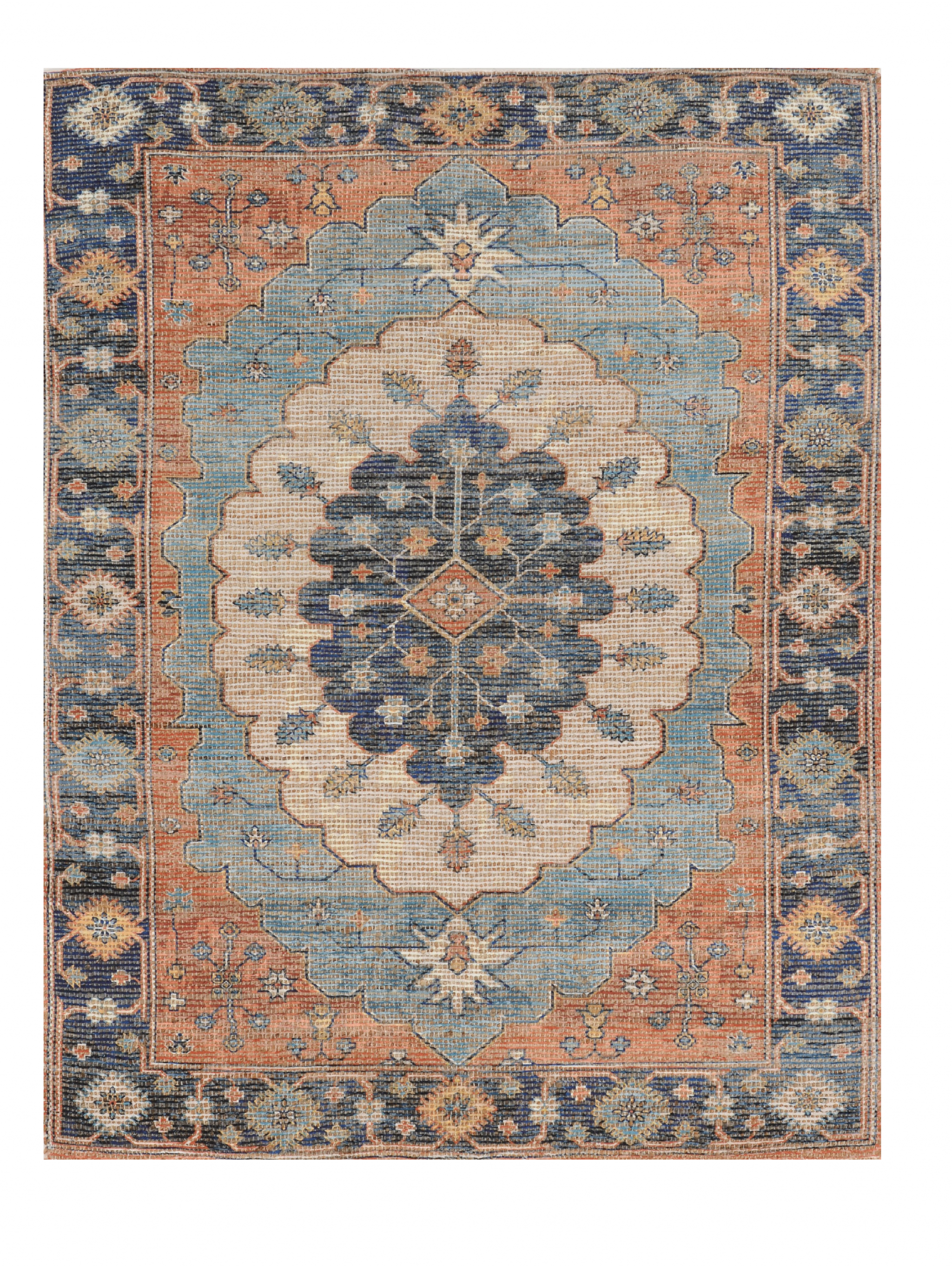 3' X 5' Blue Orange And Black Jute Medallion Hand Woven Area Rug-Area Rugs-DECOROLALA