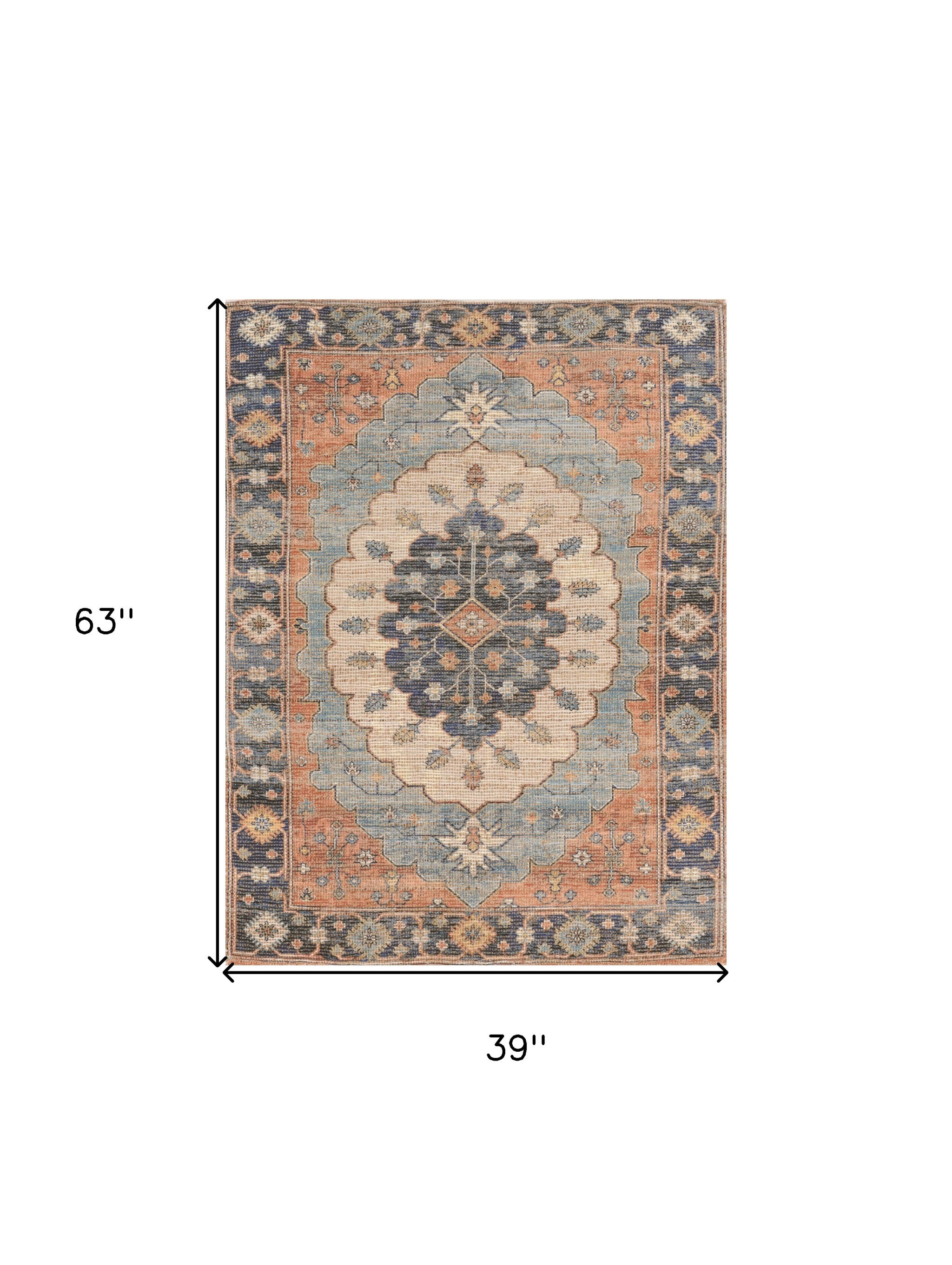 3' X 5' Blue Orange And Black Jute Medallion Hand Woven Area Rug-Area Rugs-DECOROLALA