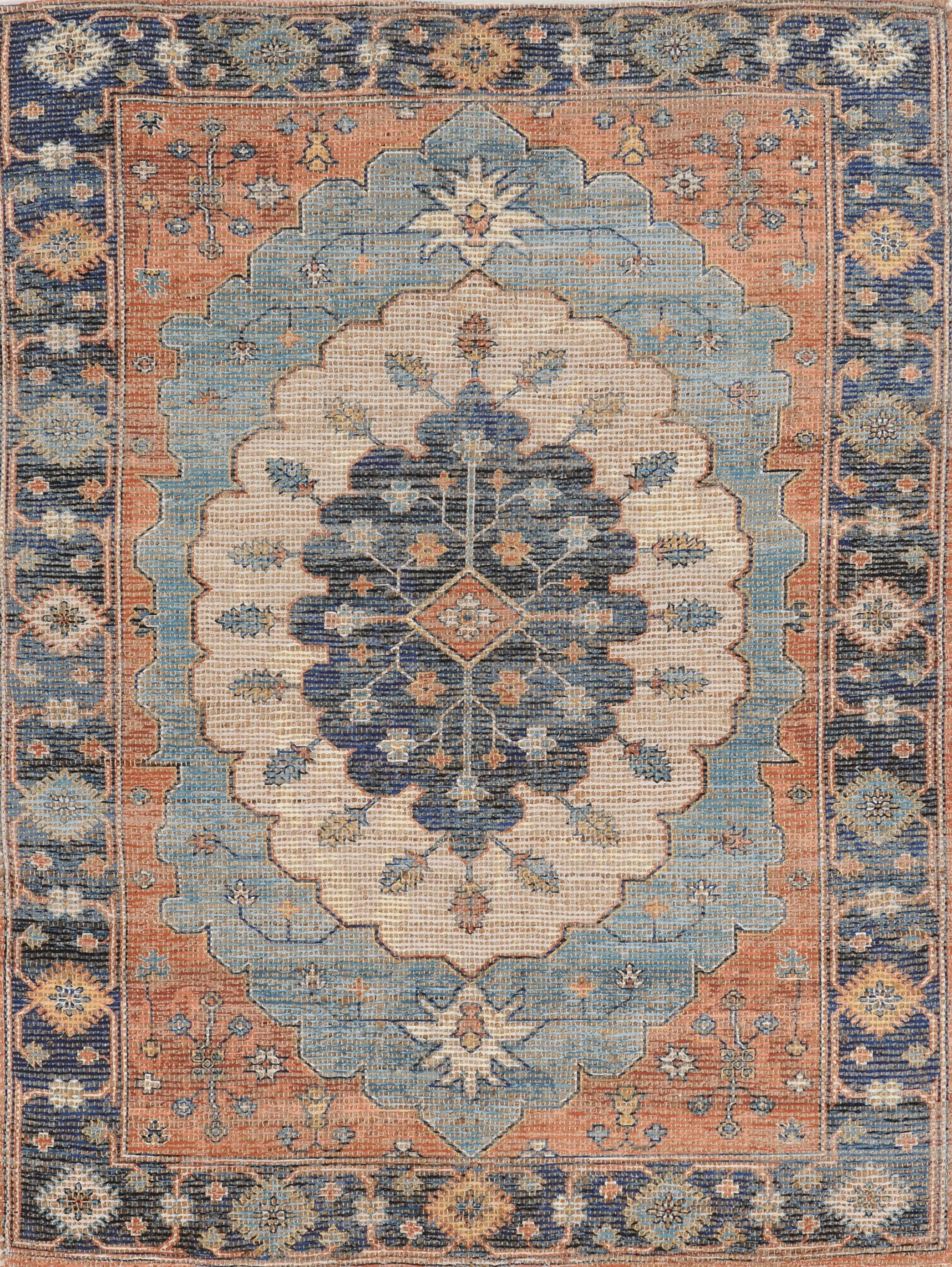 3' X 5' Blue Orange And Black Jute Medallion Hand Woven Area Rug-Area Rugs-DECOROLALA