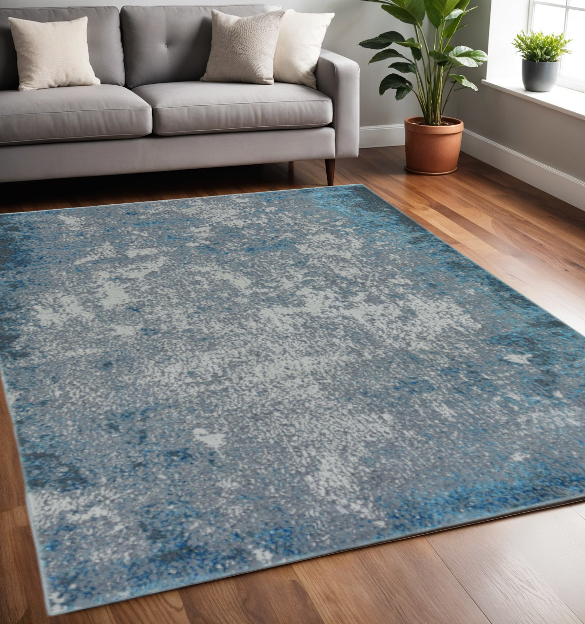 3' X 5' Blue and Silver Abstract Area Rug-Area Rugs-DECOROLALA