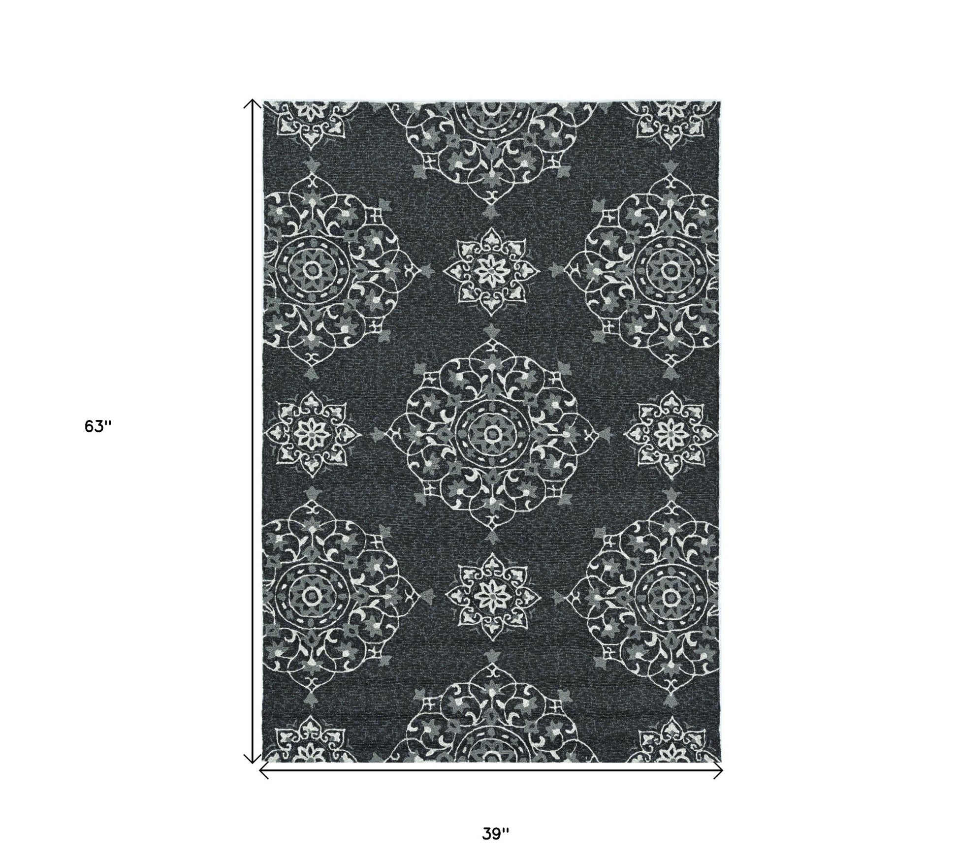 3' X 5' Charcoal Ivory And Gray Medallion Hand Tufted Area Rug-Area Rugs-DECOROLALA