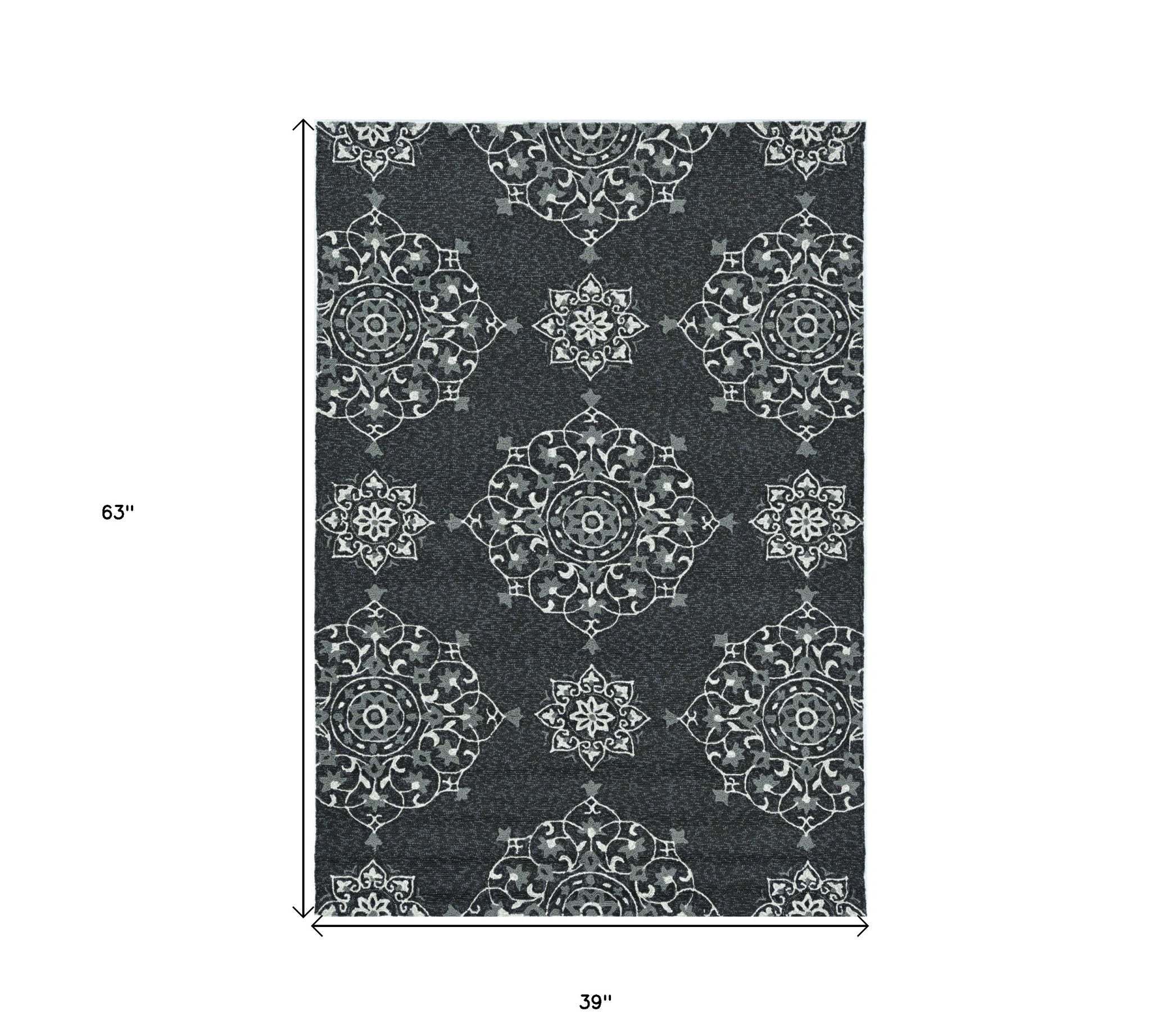 3' X 5' Charcoal Ivory And Gray Medallion Hand Tufted Area Rug-Area Rugs-DECOROLALA