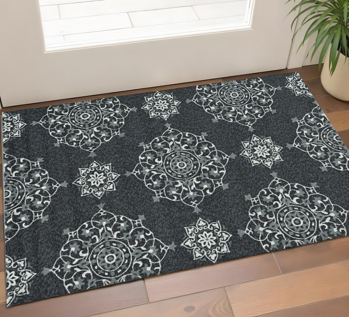 3' X 5' Charcoal Ivory And Gray Medallion Hand Tufted Area Rug-Area Rugs-DECOROLALA
