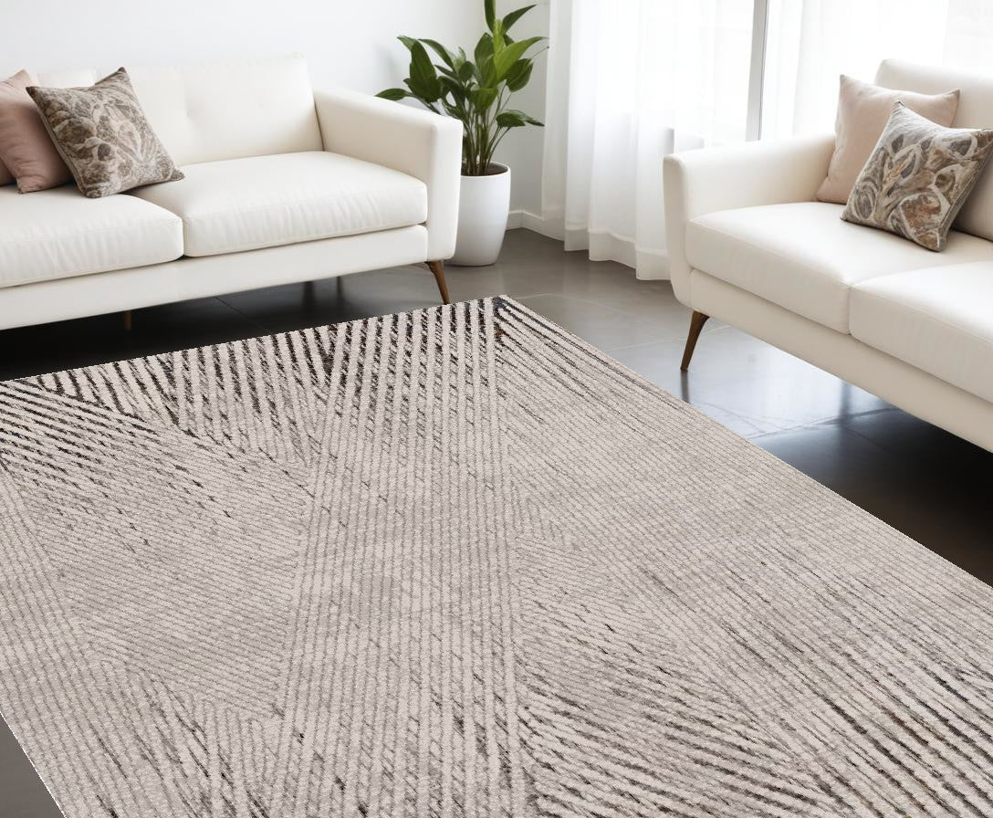 3' X 5' Gray And Ivory Geometric Area Rug-Area Rugs-DECOROLALA