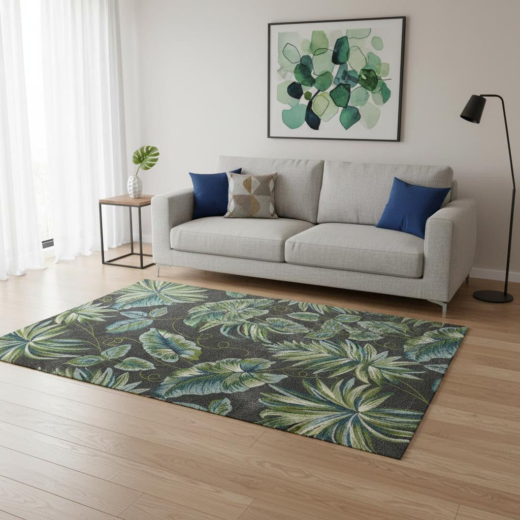 3' X 5' Gray Teal And Green Botanical Leaves Area Rug-Area Rugs-DECOROLALA
