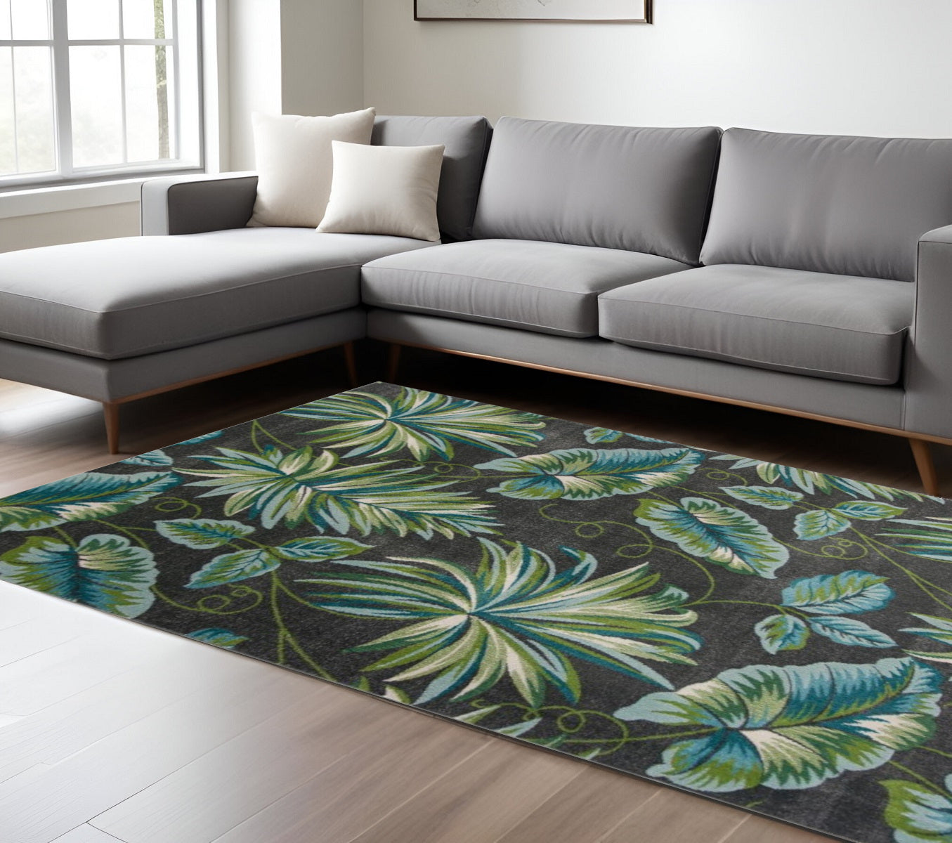 3' X 5' Gray Teal And Green Botanical Leaves Area Rug-Area Rugs-DECOROLALA