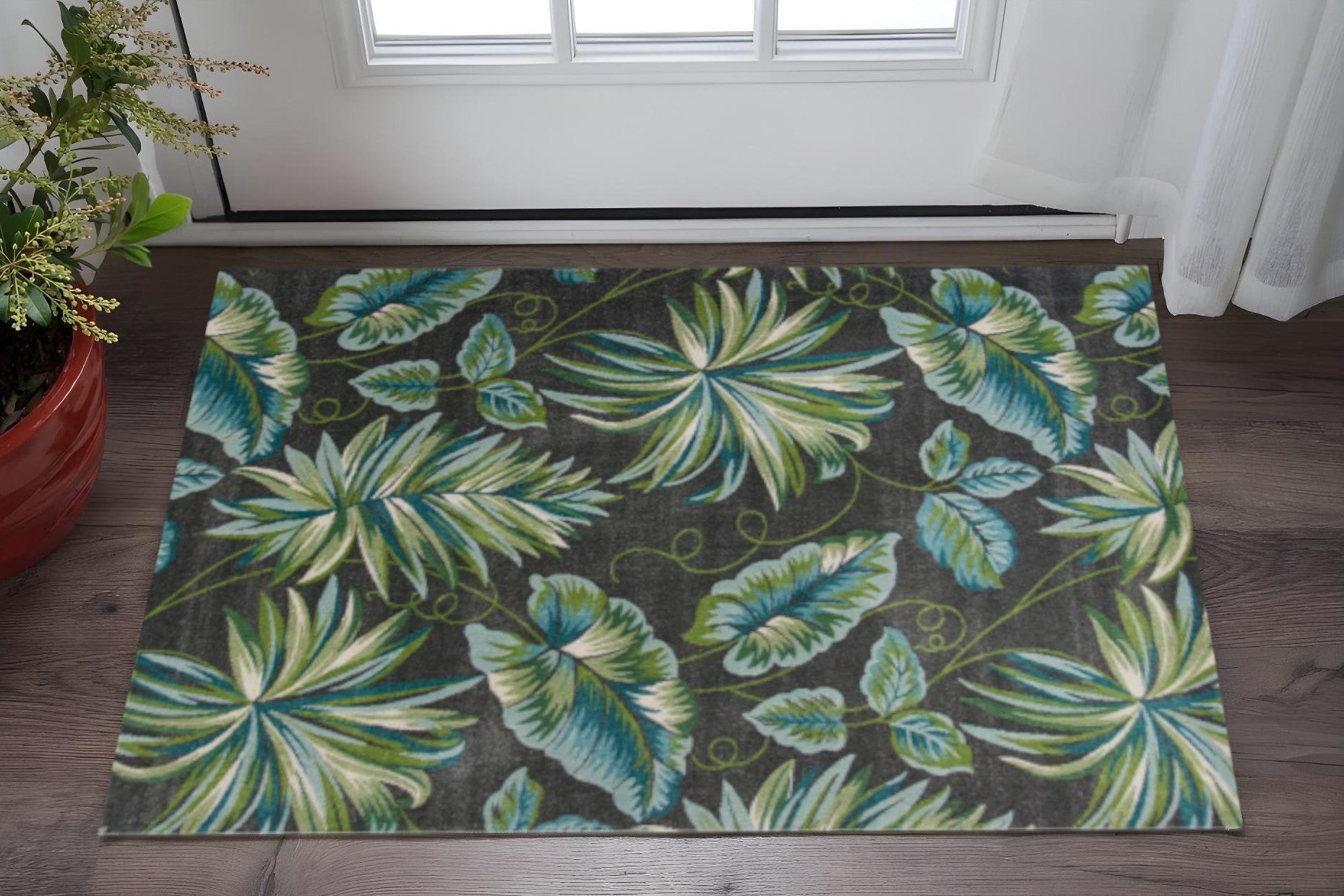 3' X 5' Gray Teal And Green Botanical Leaves Area Rug-Area Rugs-DECOROLALA