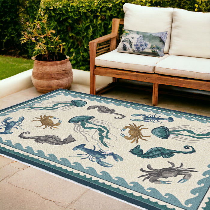 3' X 5' Ivory Abstract Handmade Indoor Outdoor Area Rug-Outdoor Rugs-DECOROLALA