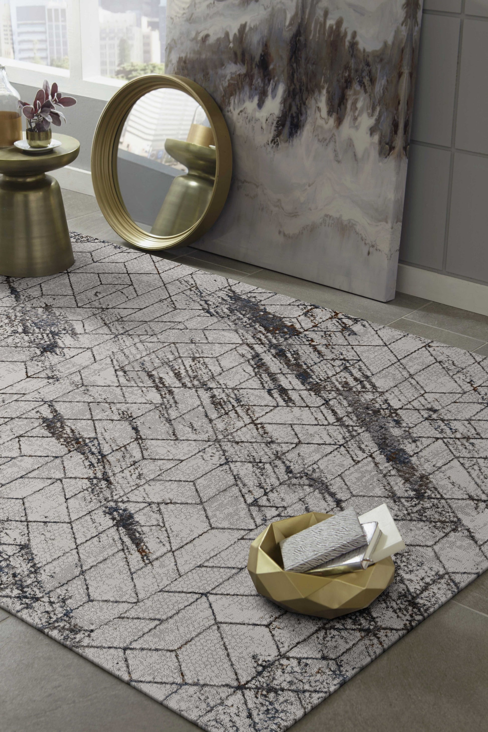 3' X 5' Ivory And Brown Geometric Area Rug-Area Rugs-DECOROLALA