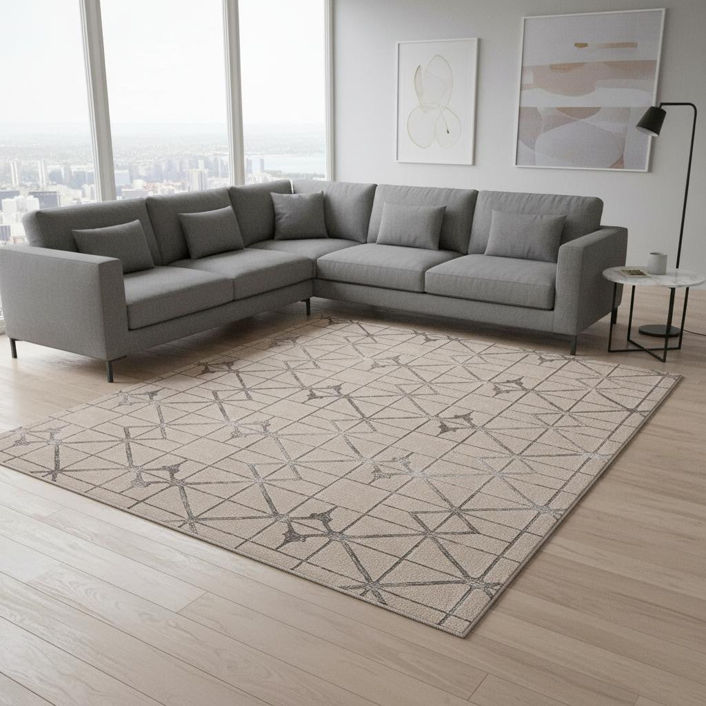 3' X 5' Ivory And Brown Geometric Area Rug-Area Rugs-DECOROLALA
