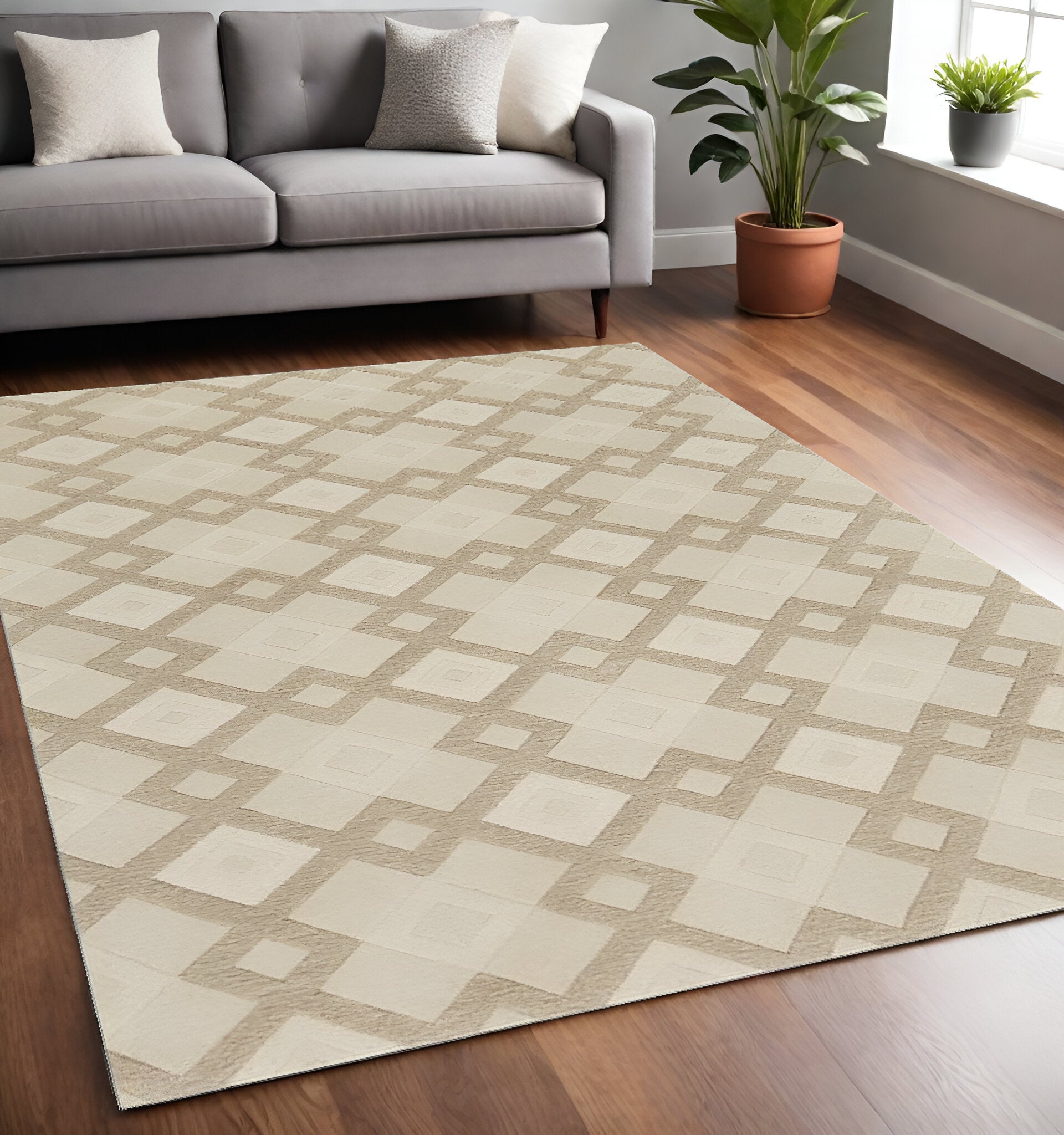 3' X 5' Ivory And Brown Wool Geometric Hand Tufted Area Rug-Area Rugs-DECOROLALA