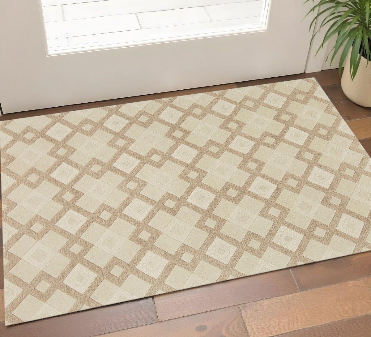 3' X 5' Ivory And Brown Wool Geometric Hand Tufted Area Rug-Area Rugs-DECOROLALA