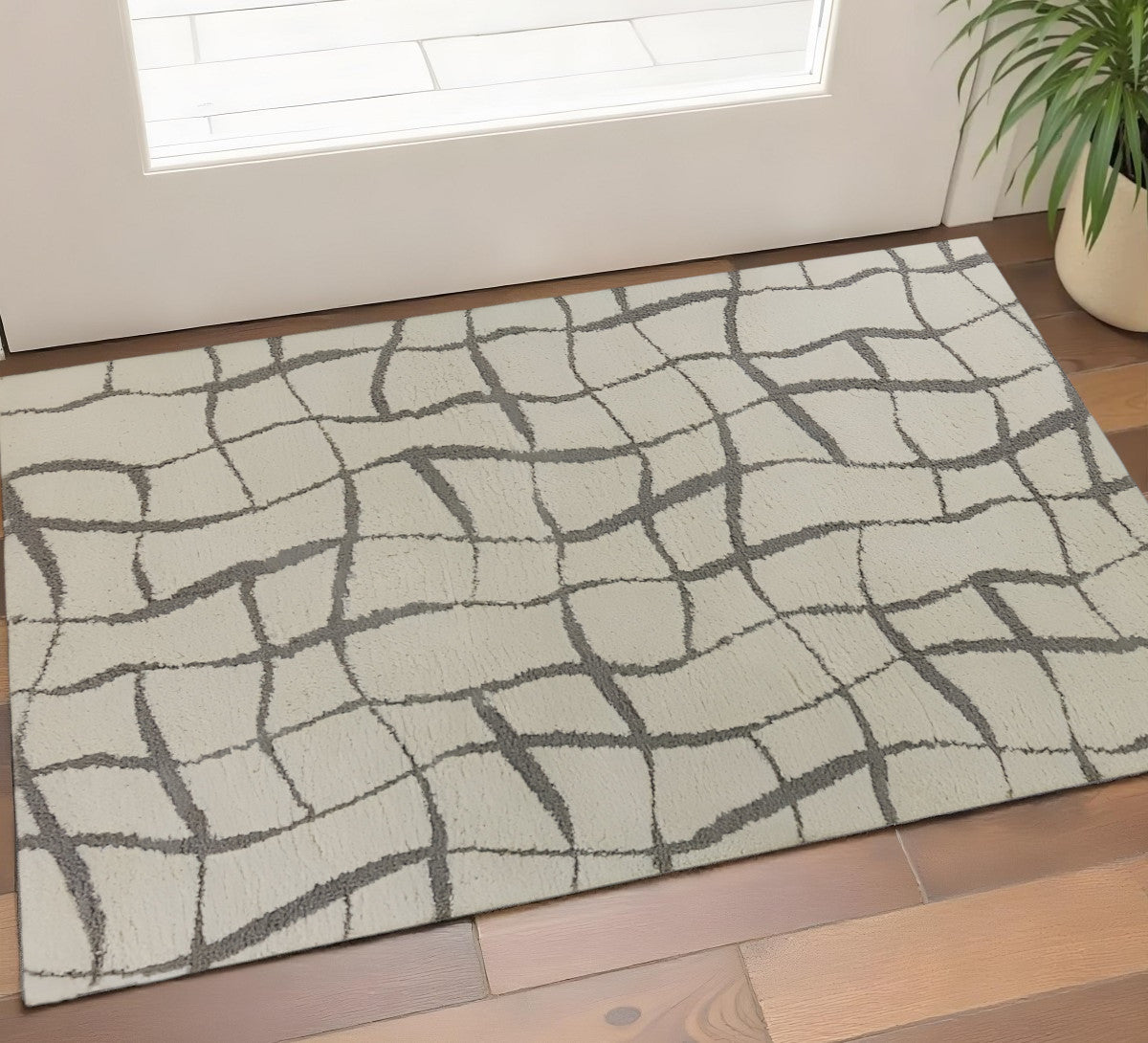 3' X 5' Ivory And Dark Gray Abstract Shag Area Rug-Area Rugs-DECOROLALA