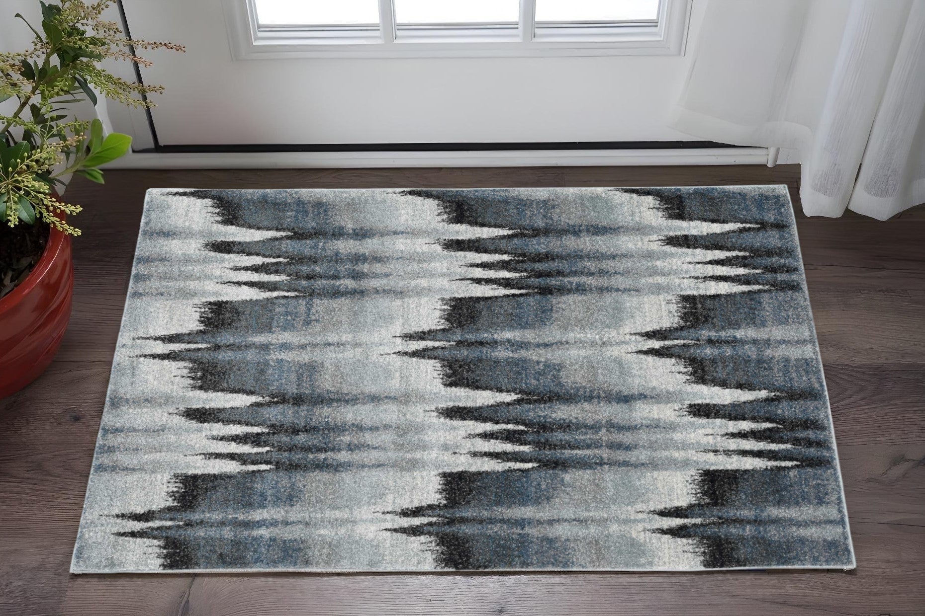 3' X 5' Ivory Blue And Gray Abstract Area Rug-Area Rugs-DECOROLALA