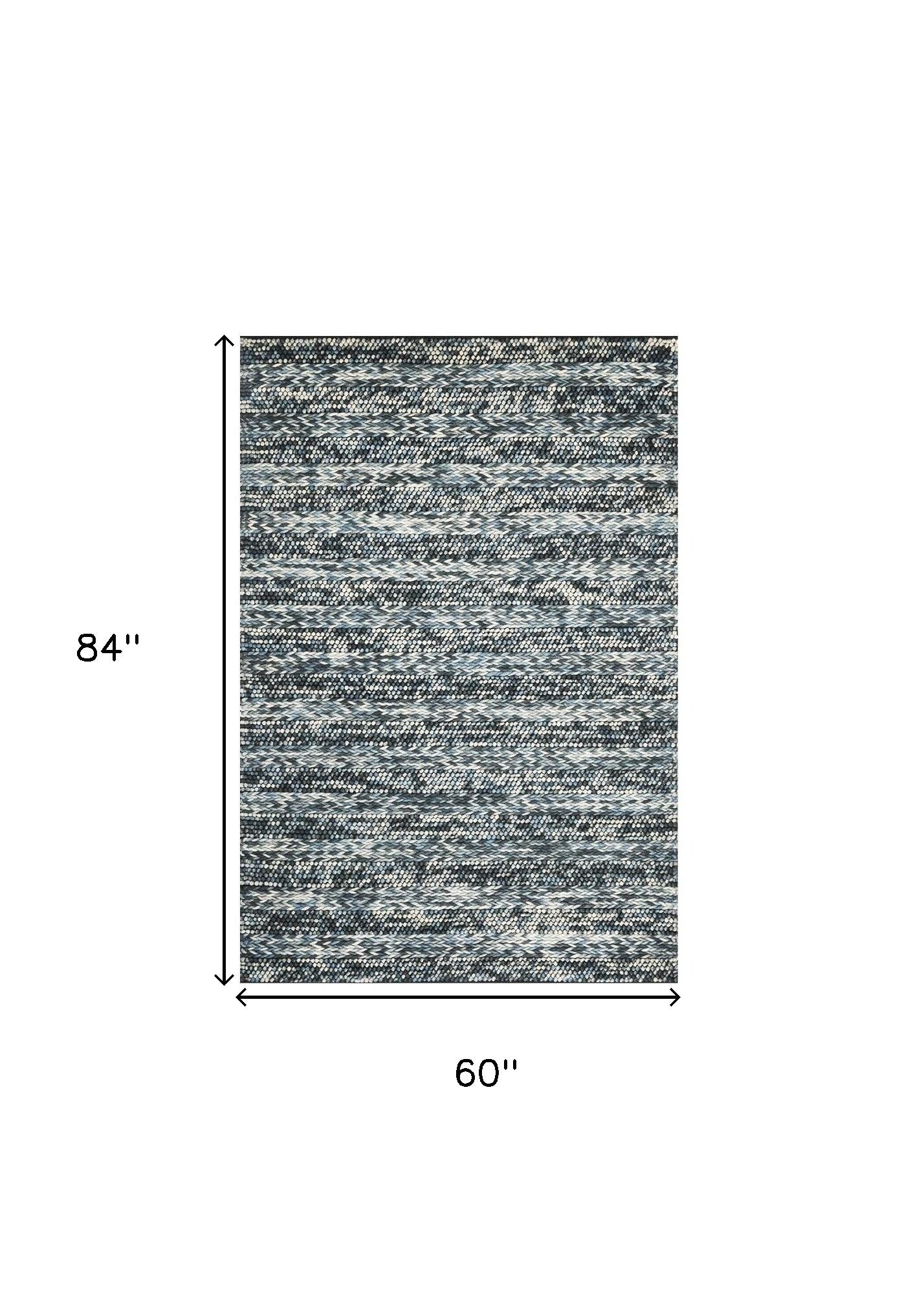 3' X 5' Ivory Blue And Gray Wool Striped Hand Woven Area Rug-Area Rugs-DECOROLALA