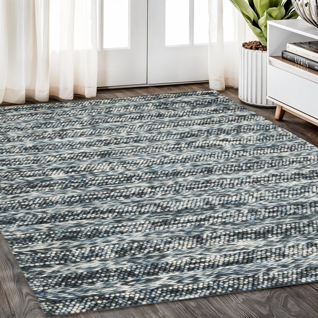 3' X 5' Ivory Blue And Gray Wool Striped Hand Woven Area Rug-Area Rugs-DECOROLALA