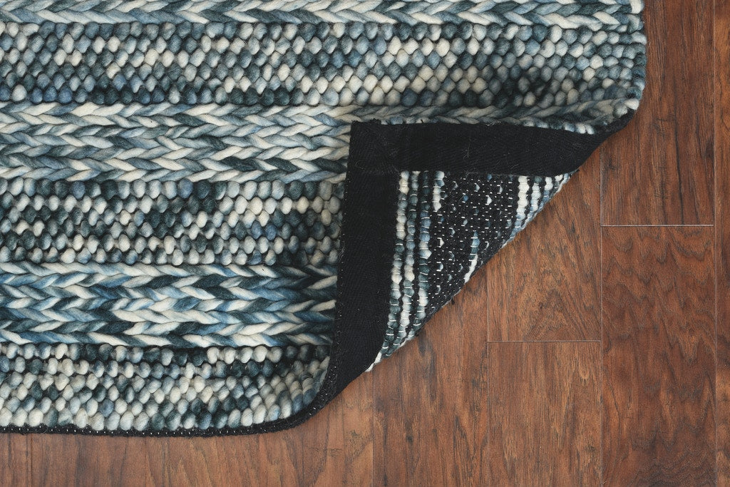 3' X 5' Ivory Blue And Gray Wool Striped Hand Woven Area Rug-Area Rugs-DECOROLALA