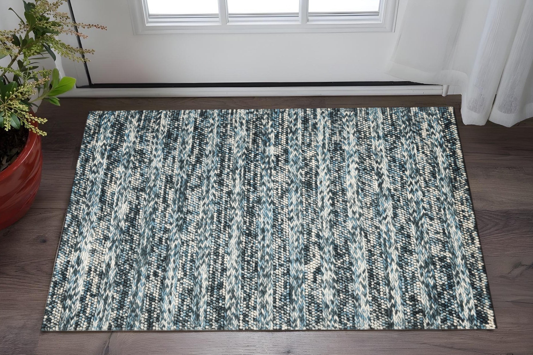 3' X 5' Ivory Blue And Gray Wool Striped Hand Woven Area Rug-Area Rugs-DECOROLALA