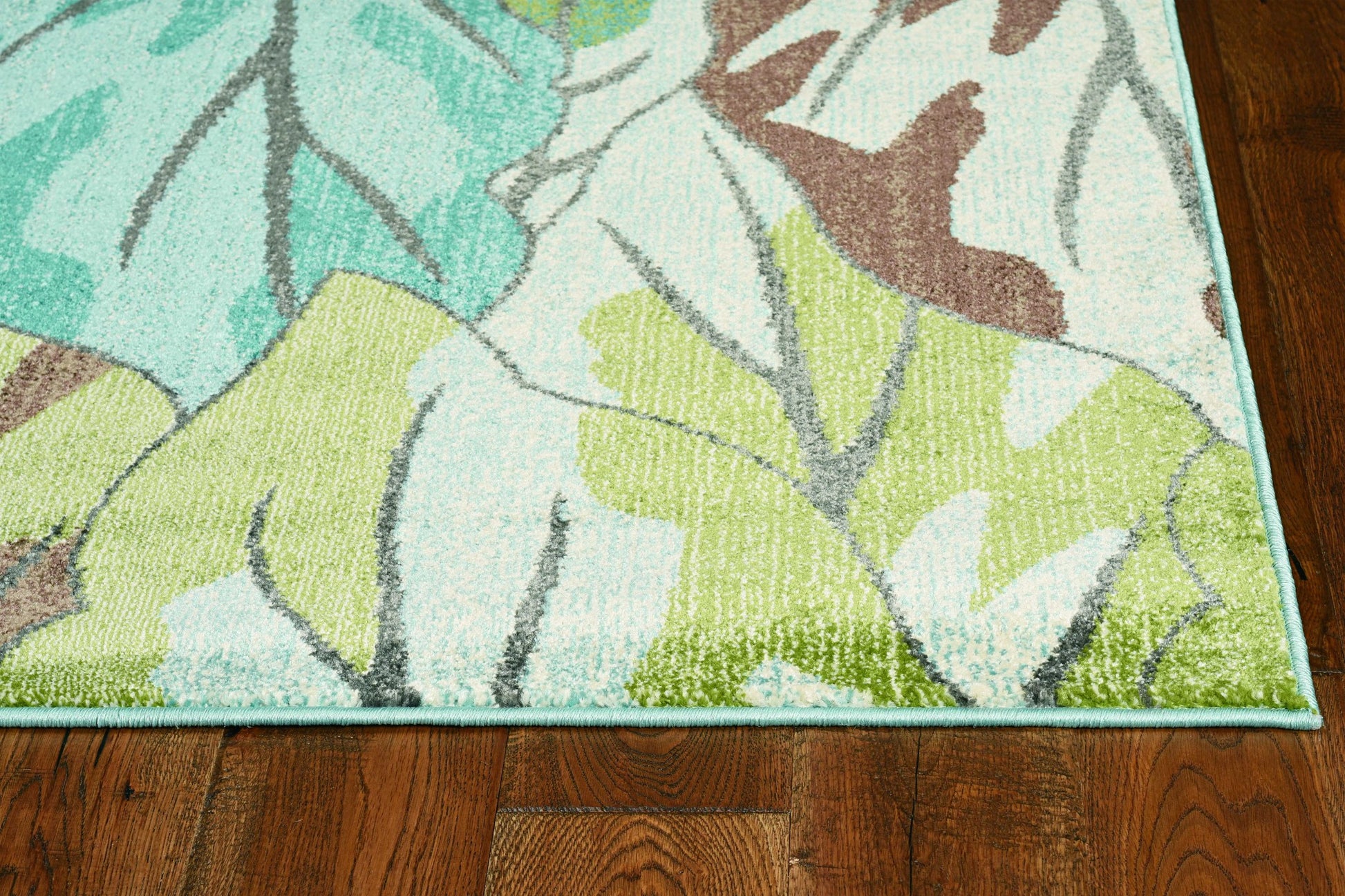 3' X 5' Ivory Blue And Green Botanical Leaves Area Rug-Area Rugs-DECOROLALA