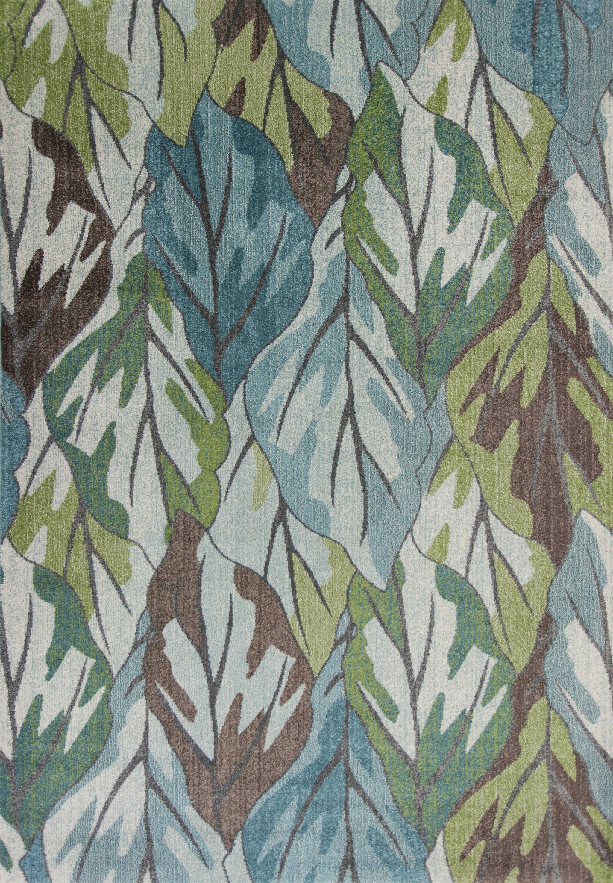 3' X 5' Ivory Blue And Green Botanical Leaves Area Rug-Area Rugs-DECOROLALA