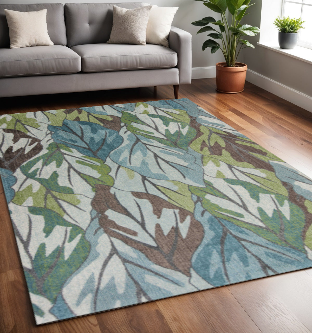 3' X 5' Ivory Blue And Green Botanical Leaves Area Rug-Area Rugs-DECOROLALA