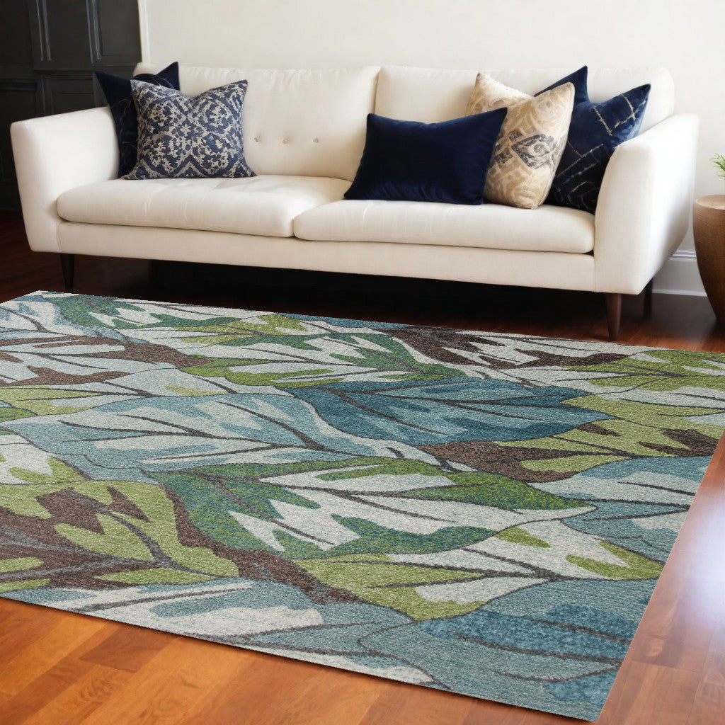 3' X 5' Ivory Blue And Green Botanical Leaves Area Rug-Area Rugs-DECOROLALA