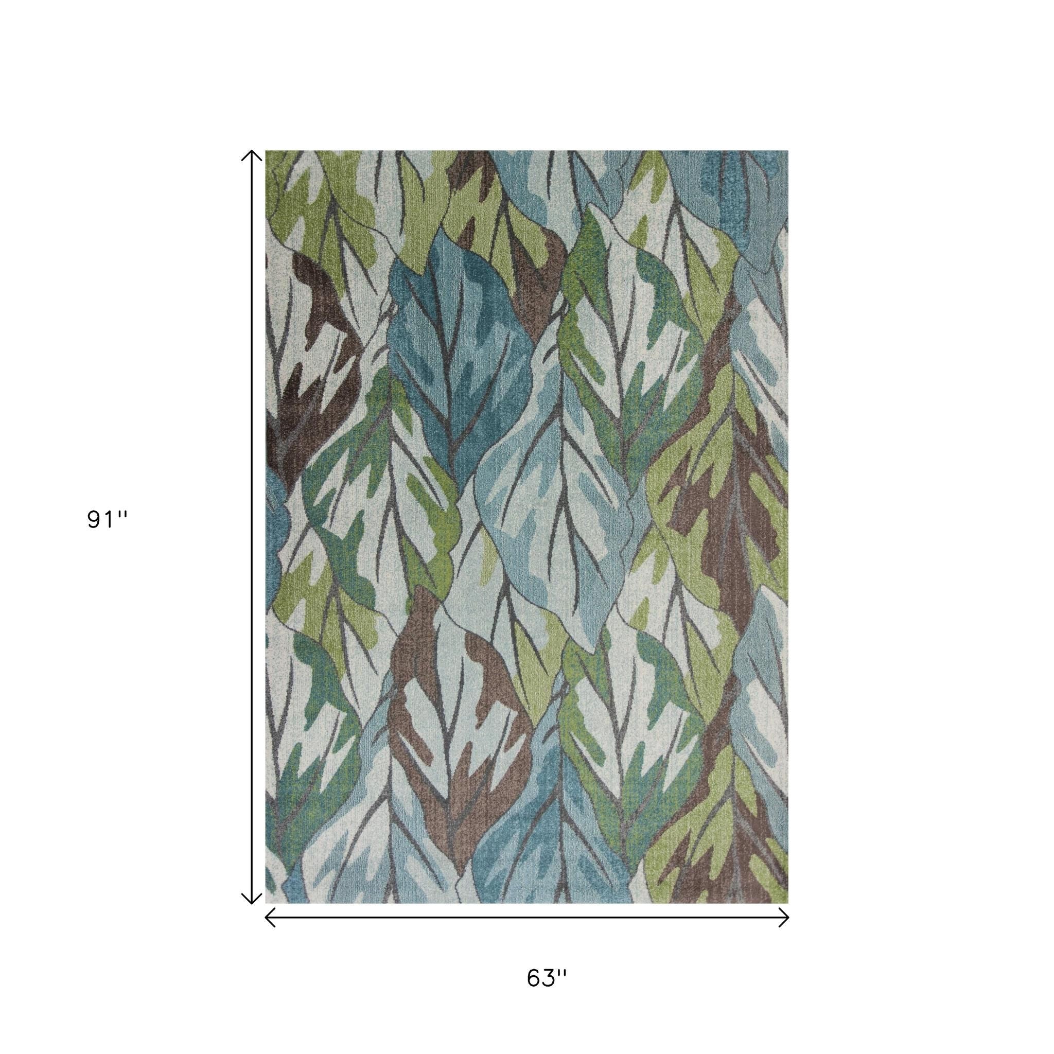 3' X 5' Ivory Blue And Green Botanical Leaves Area Rug-Area Rugs-DECOROLALA