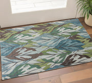 3' X 5' Ivory Blue And Green Botanical Leaves Area Rug-Area Rugs-DECOROLALA