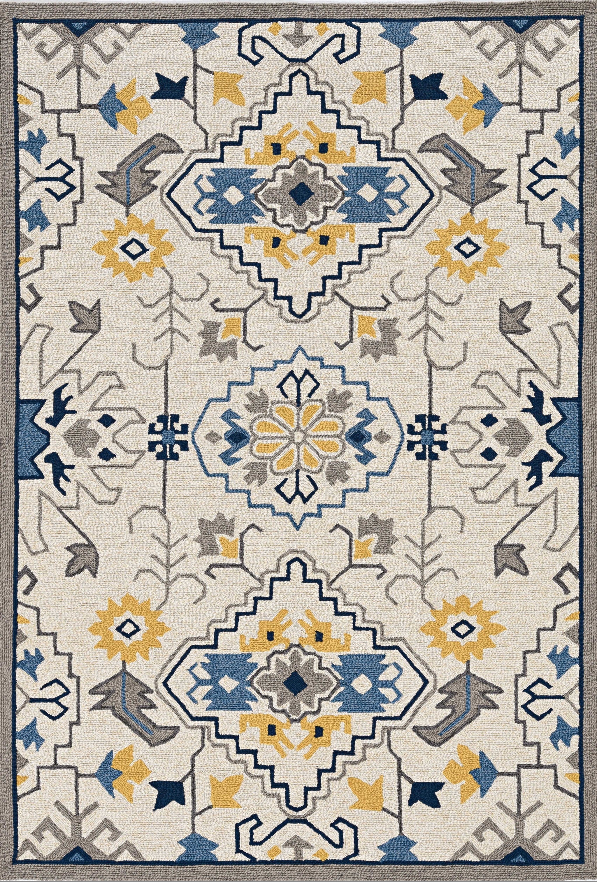 3' X 5' Ivory Blue And Yellow Southwestern Hand Tufted Area Rug-Area Rugs-DECOROLALA