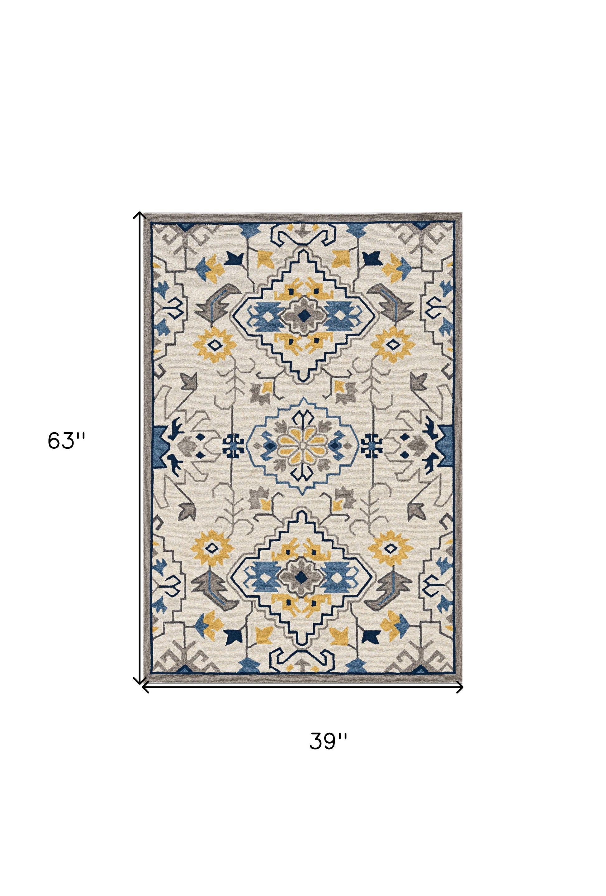 3' X 5' Ivory Blue And Yellow Southwestern Hand Tufted Area Rug-Area Rugs-DECOROLALA