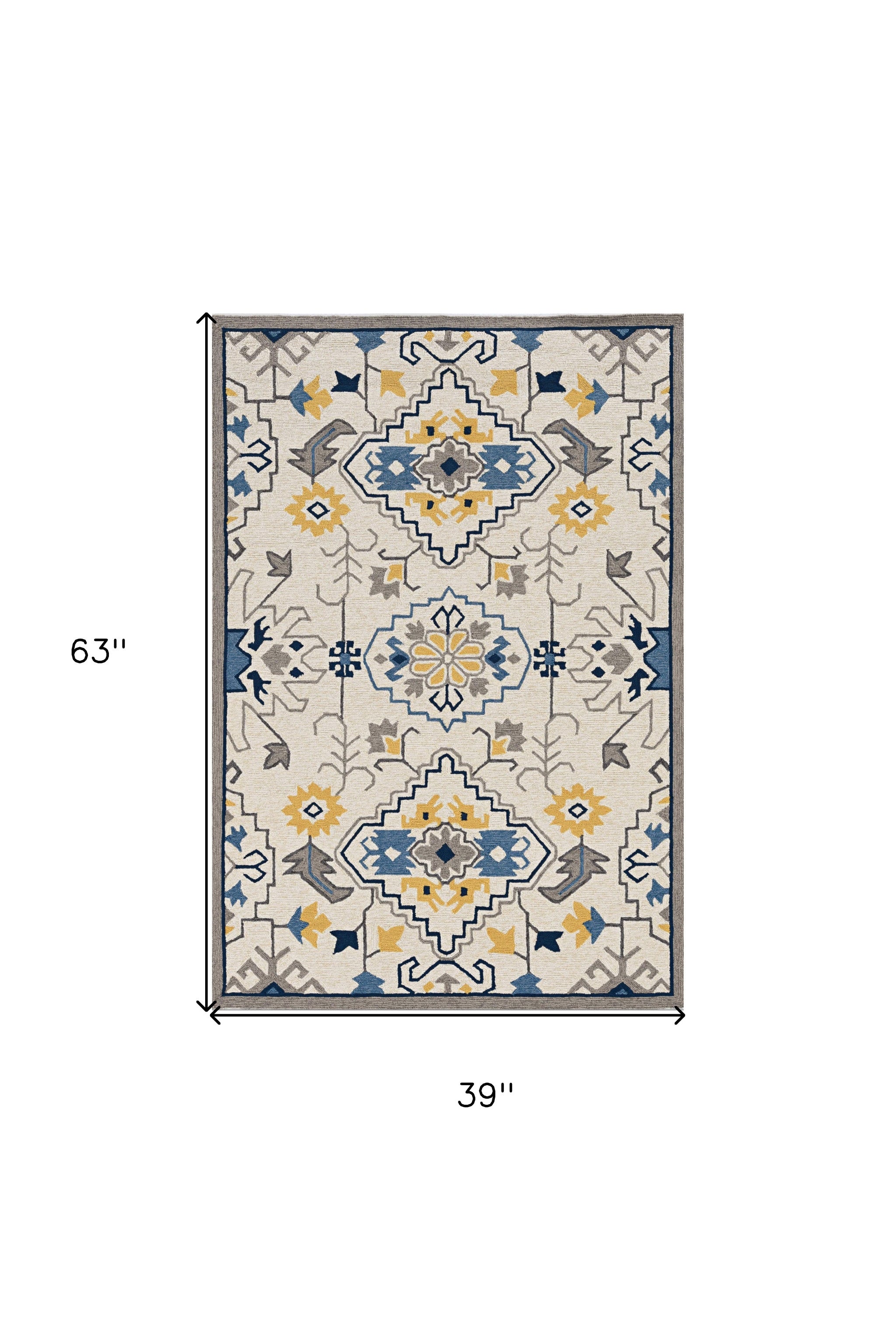 3' X 5' Ivory Blue And Yellow Southwestern Hand Tufted Area Rug-Area Rugs-DECOROLALA