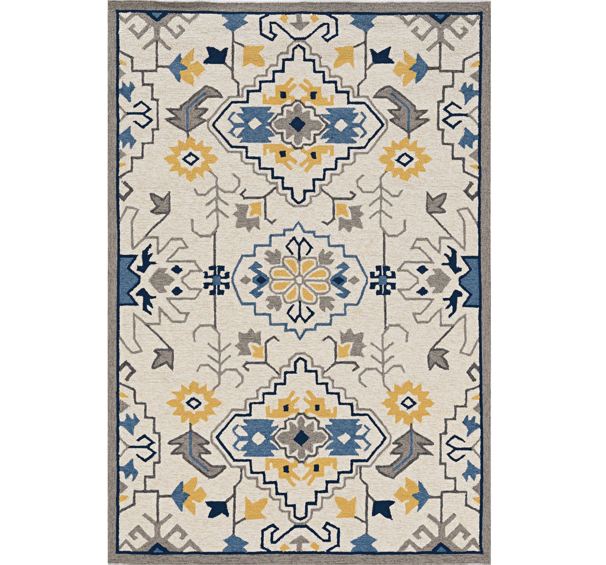 3' X 5' Ivory Blue And Yellow Southwestern Hand Tufted Area Rug-Area Rugs-DECOROLALA