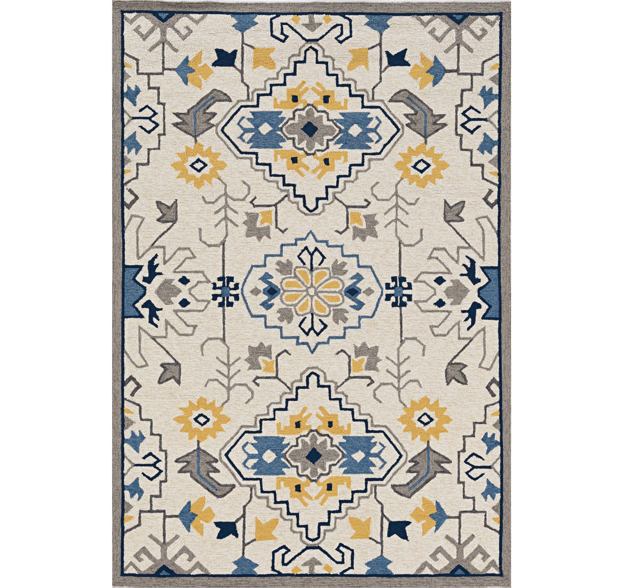 3' X 5' Ivory Blue And Yellow Southwestern Hand Tufted Area Rug-Area Rugs-DECOROLALA