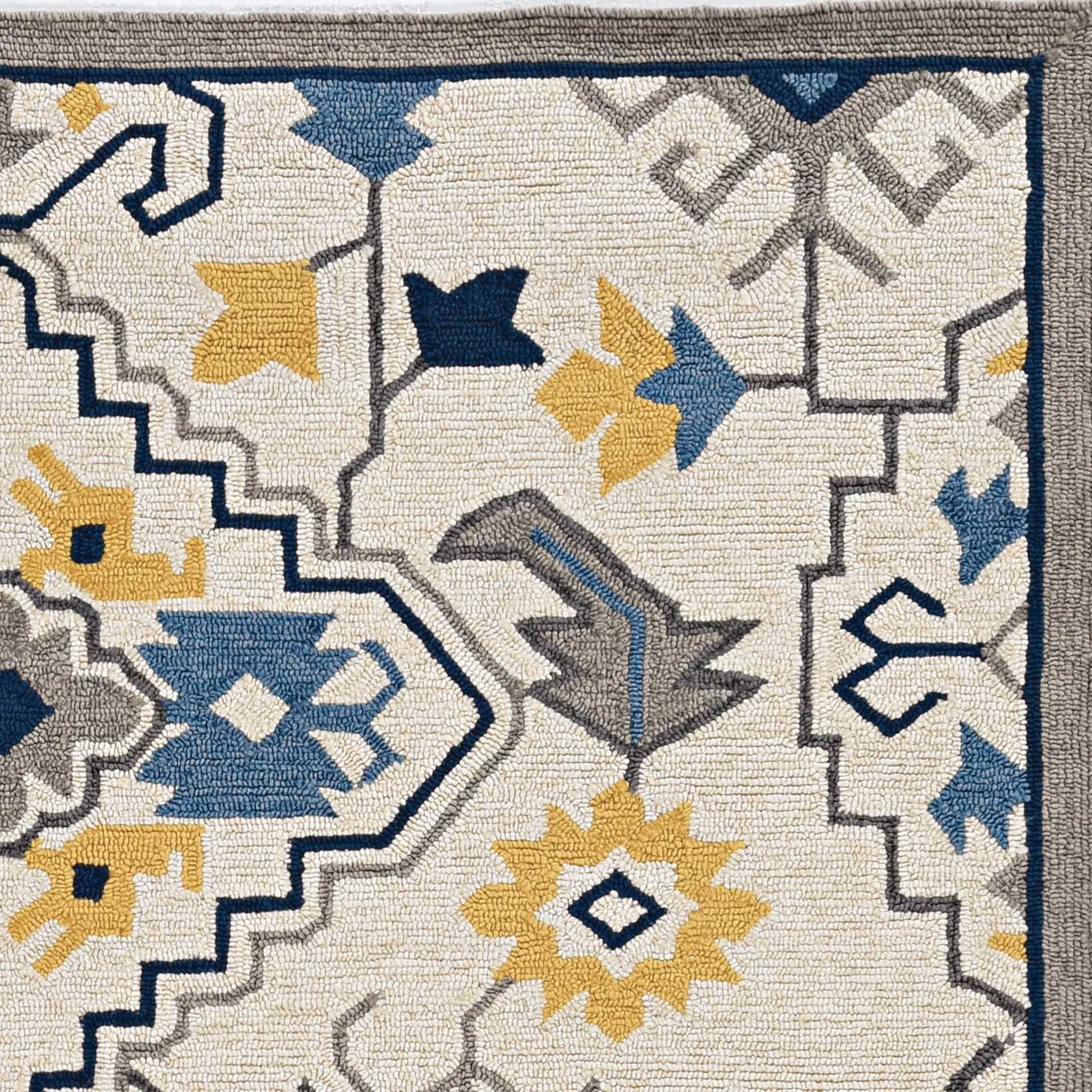 3' X 5' Ivory Blue And Yellow Southwestern Hand Tufted Area Rug-Area Rugs-DECOROLALA