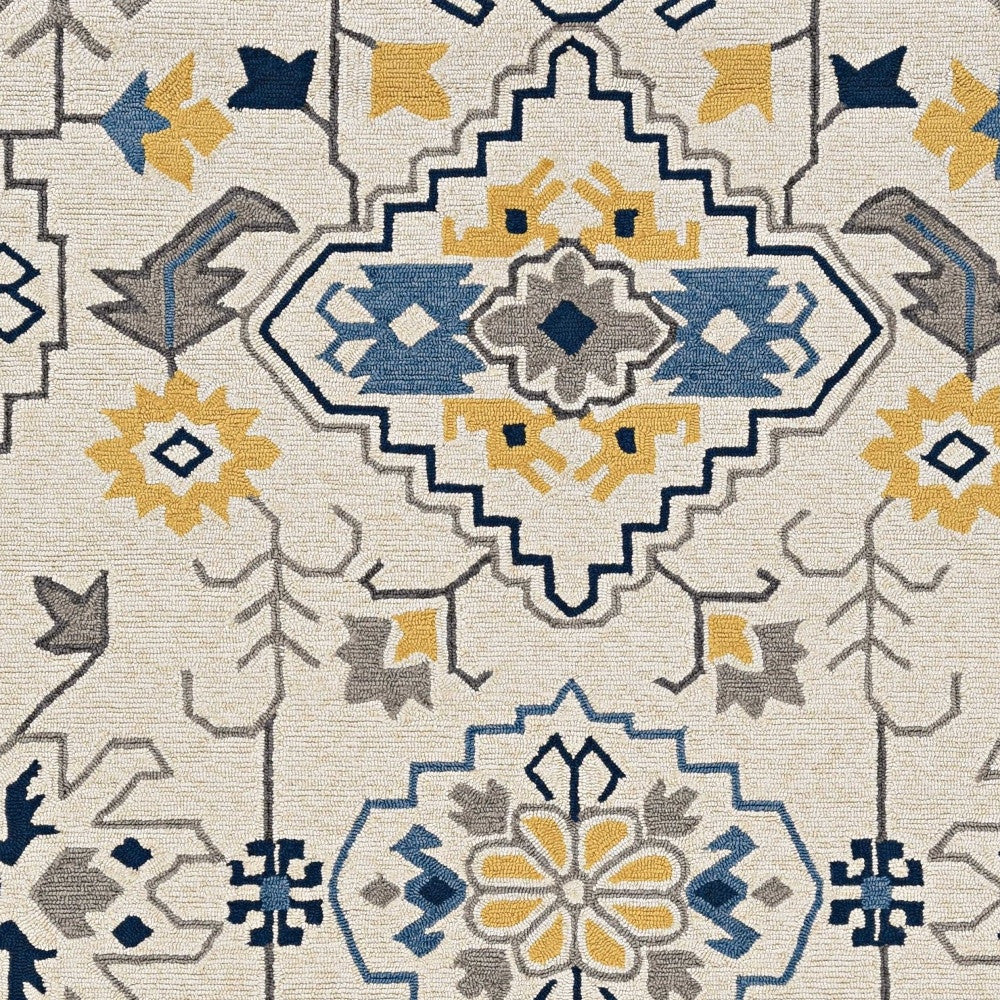 3' X 5' Ivory Blue And Yellow Southwestern Hand Tufted Area Rug-Area Rugs-DECOROLALA