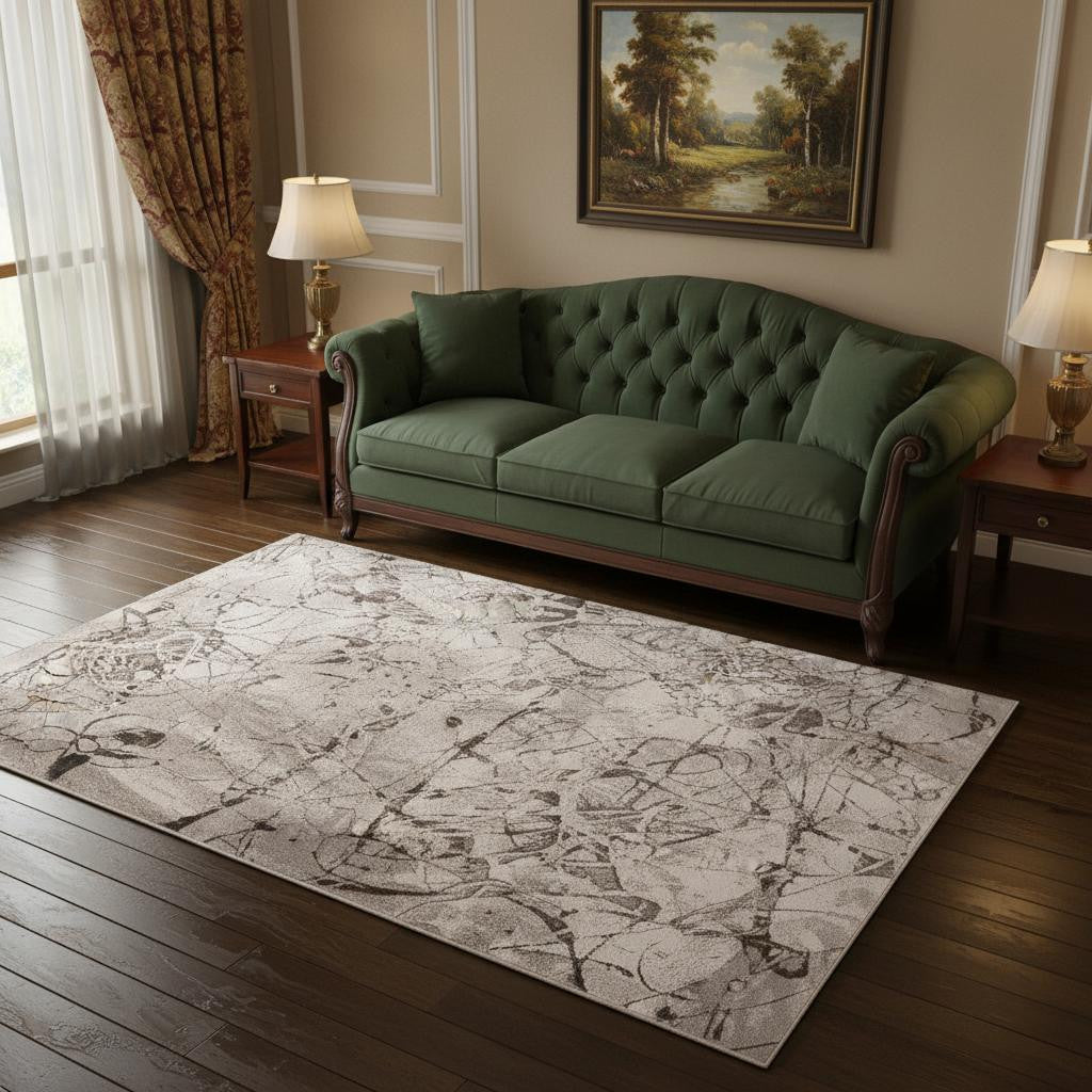 3' X 5' Ivory Gray And Brown Abstract Area Rug-Area Rugs-DECOROLALA