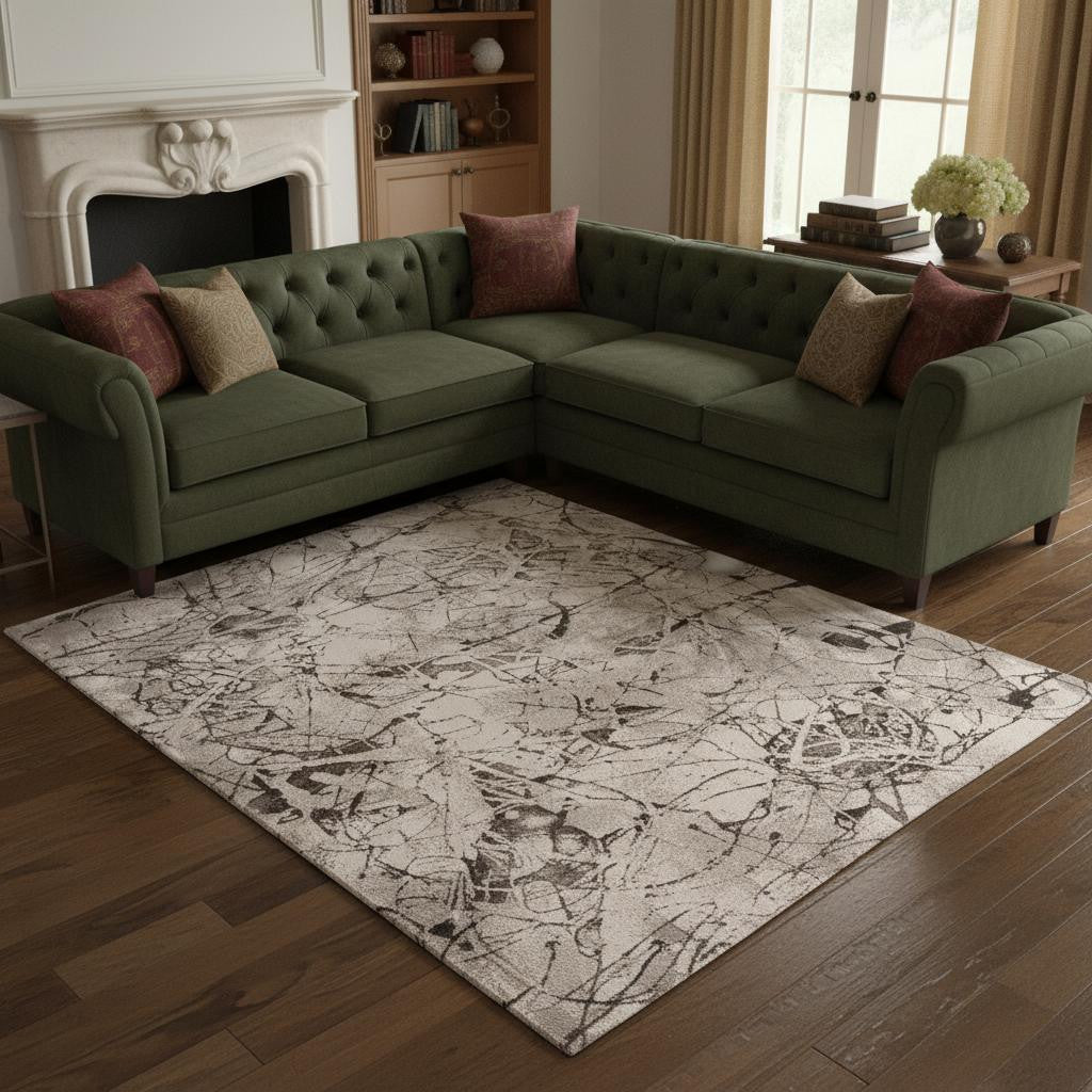 3' X 5' Ivory Gray And Brown Abstract Area Rug-Area Rugs-DECOROLALA
