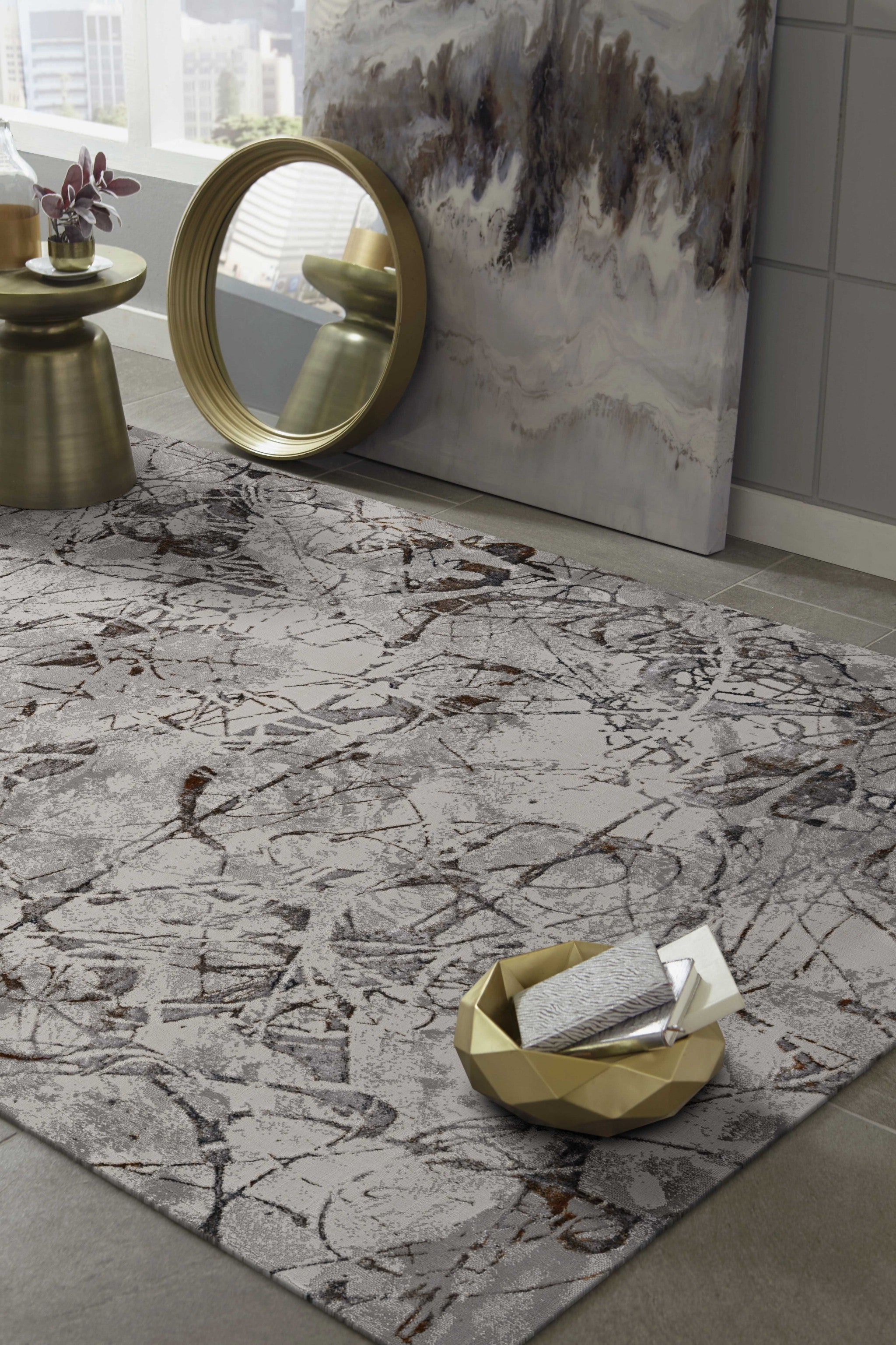 3' X 5' Ivory Gray And Brown Abstract Area Rug-Area Rugs-DECOROLALA